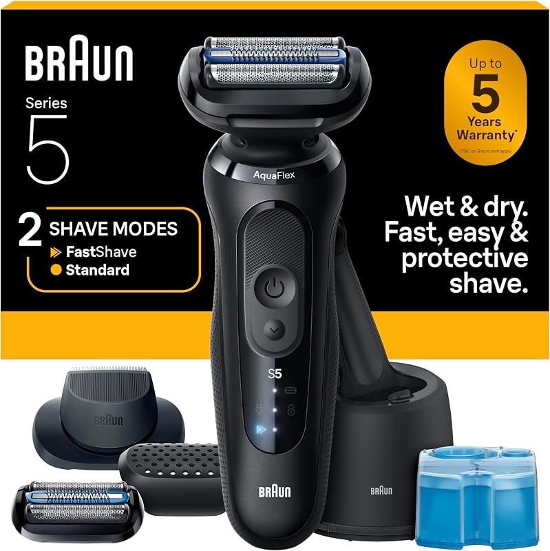 Barbeador elétrico Braun Series 5 masculino, tela para uso seco e molhado, estação 4 em 1 Clean & Charge, aparador de precisão, cabeça extra e preto 5165ps