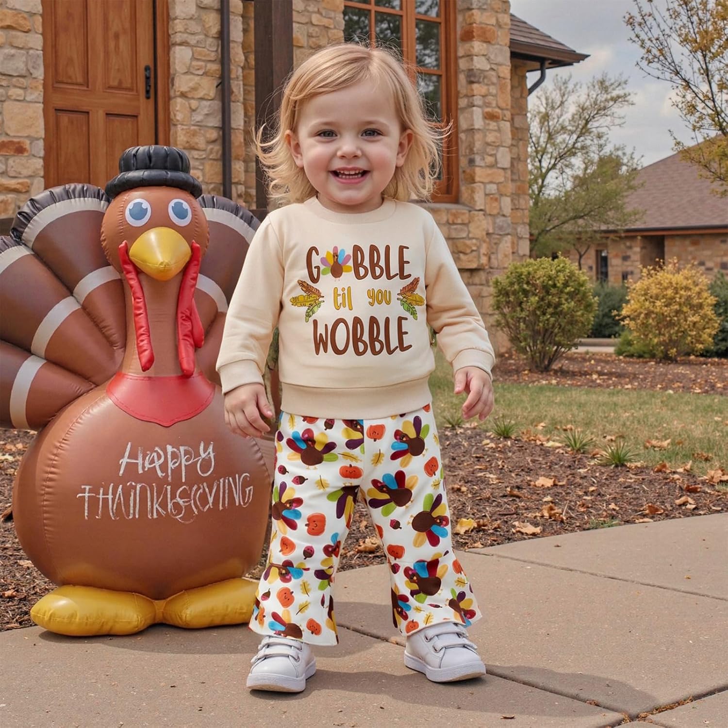 Kids Toddler Baby Girl Thanksgiving Outfits Long Sleeve Shirts with Flare Pants 2Pcs Turkey Clothes Set - Image 2