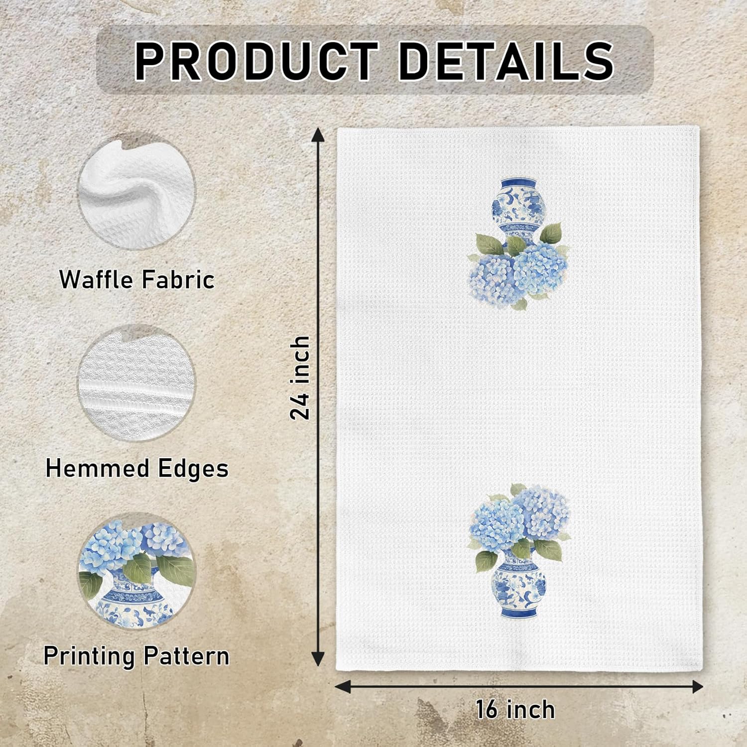 Chinoiserie Hydrangea Kitchen Towels, Blue and White Porcelain Floral Hand Dish Towels Decor, Blue Hydrangea Grandmillennial Tea Towel for Kitchen Bathroom Decorative, 16x24 Inch Set of 2 - Image 7