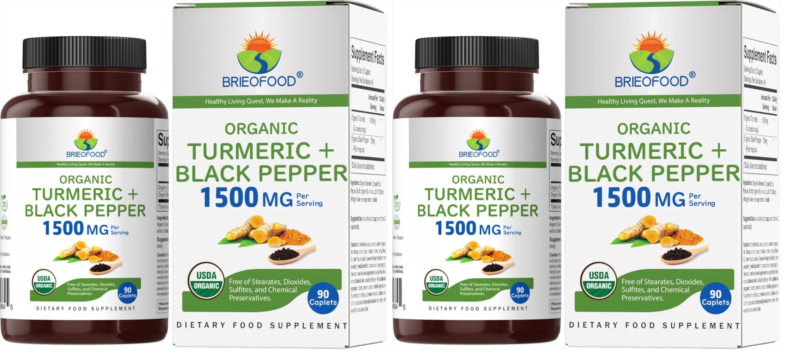 Brieofood Organic Turmeric with Black Pepper 1500mg, 45 Servings, Vegetarian, Gluten Free, 90 Vegetarian Tablets (Pack of 2) 90 Count (Pack of 2)