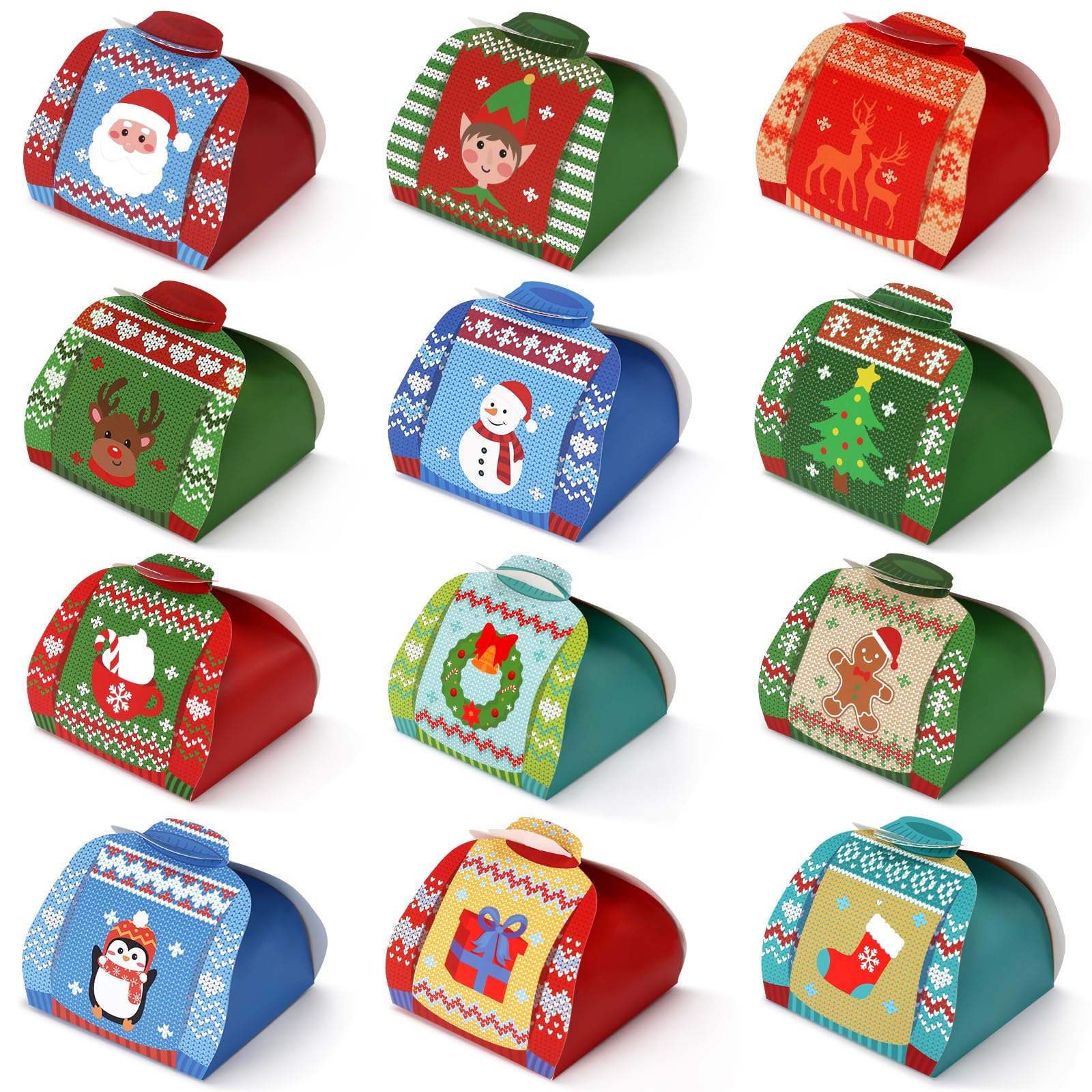 Sinasasspel Ugly Sweater Treat Boxes Christmas Party Favor Goodies Candy Gift Boxes for Xmas Holiday Decor Supplies, Set of 12