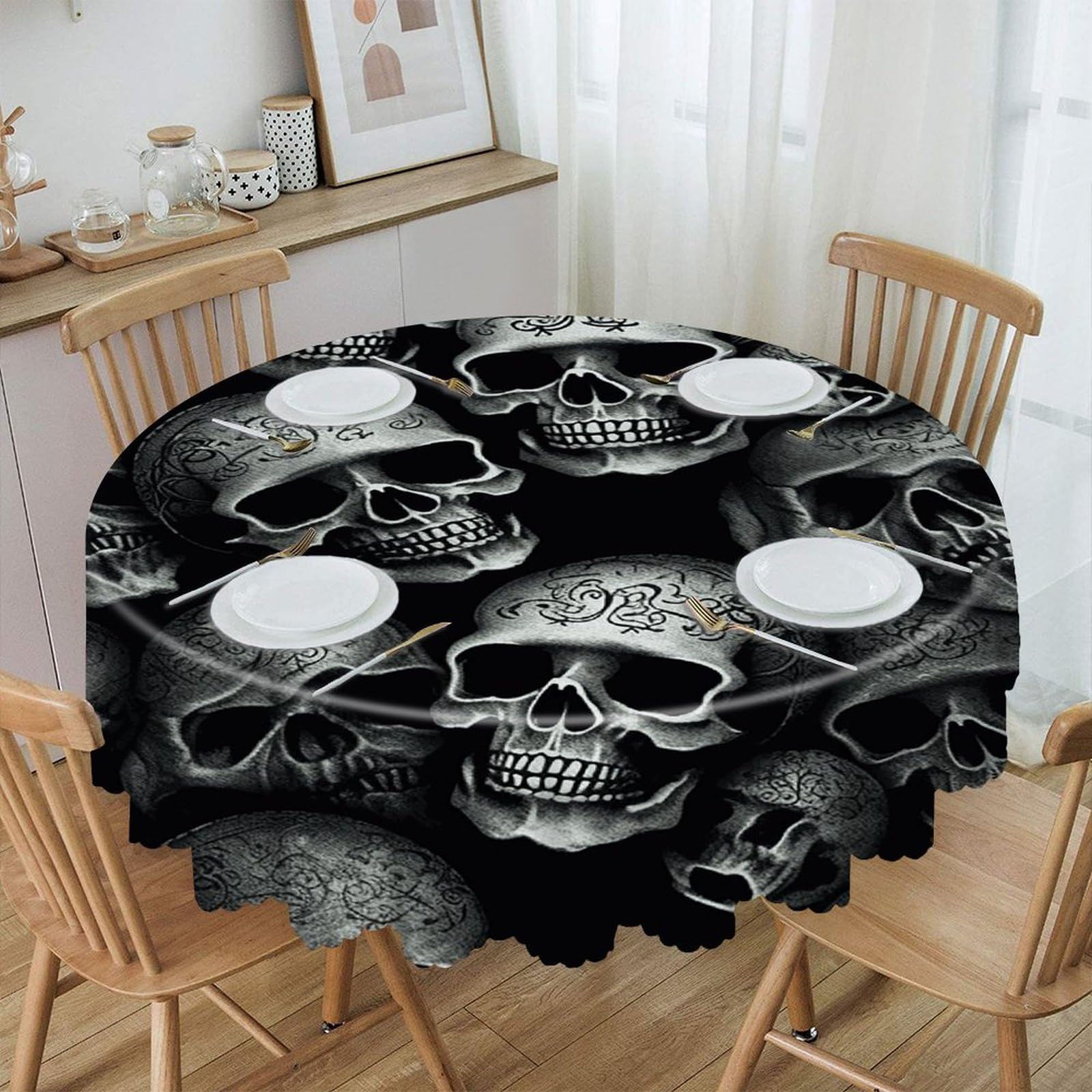 VstaDank Black Skull Round Tablecloth Wipeable Round Polyester Tablecloth Waterproof Wrinkle Free Indoor and Outdoor Table Cover 60 Inch Decorative Farmhouse Table Cloth for Dining