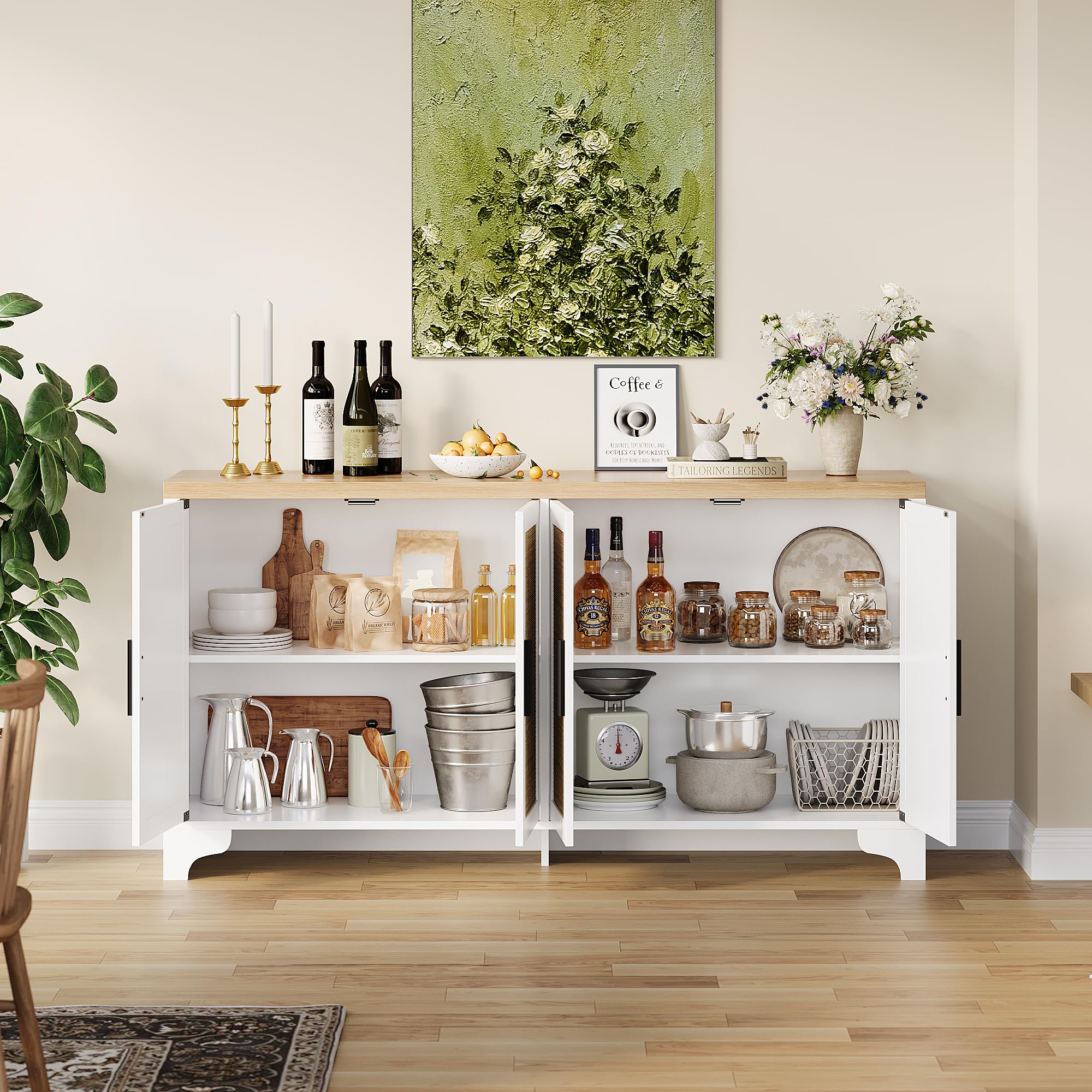 Boho Rattan-Flurschrank Sideboard – TV-Lowboard bis 70 Zoll – 4 Türen & Regalfächer – Stauraum für Flur, Wohn- & Esszimmer – Farbe: Kontrastfarbe