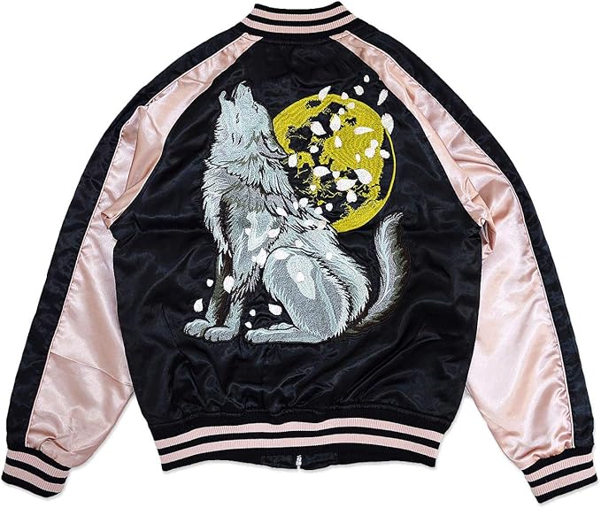 Amazon おぼろ 朧 新狼スカジャン 朧 おぼろ 和柄 和風 刺繍 オオカミ スーベニアジャケット 満月 桜 さくら サクラ コート ジャケット 通販