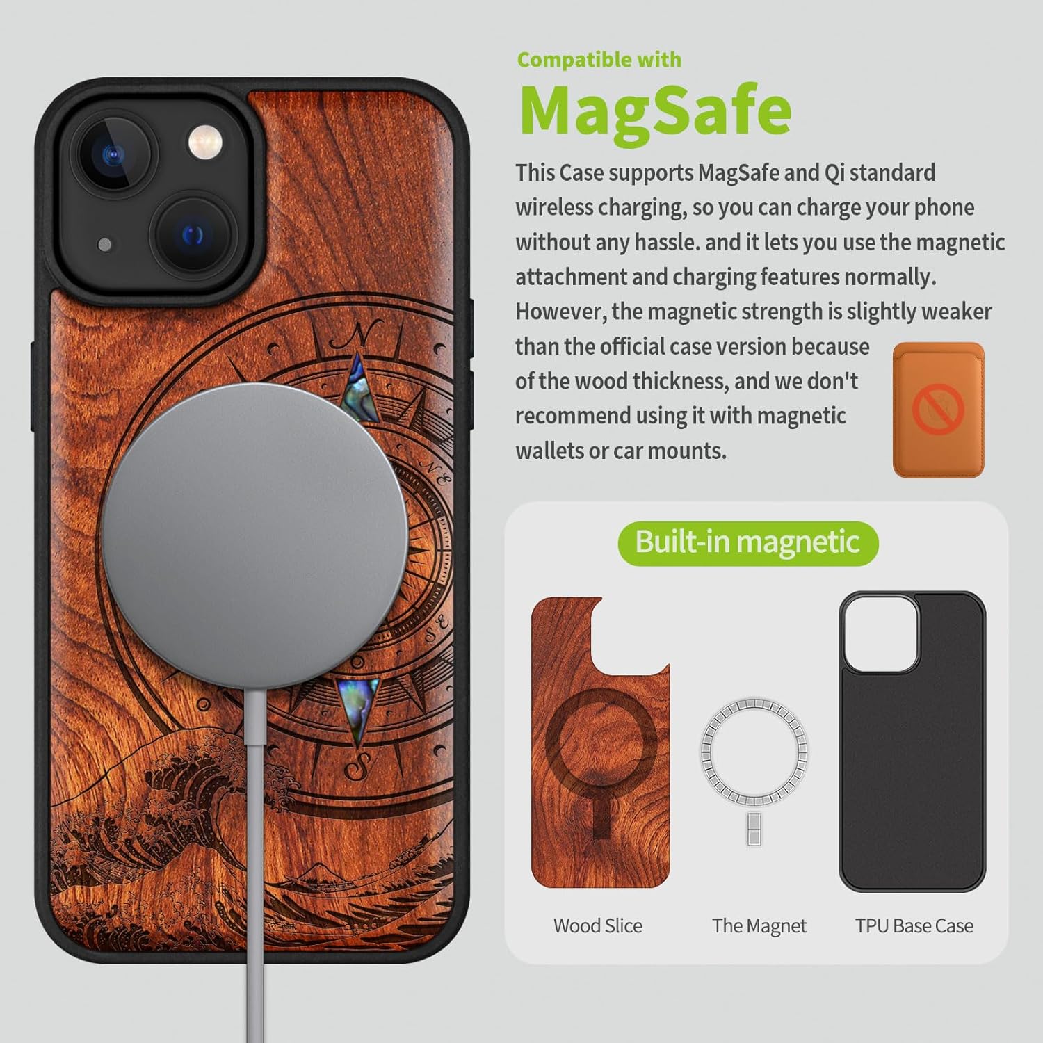 Carveit Wooden Case for iPhone 15 Magnetic Case, Compatible with MagSafe Wireless Chargers, Shockproof Cover, Handmade Shell Inlaid & Wood Artisan Engraved (Wave Compass) Rosy