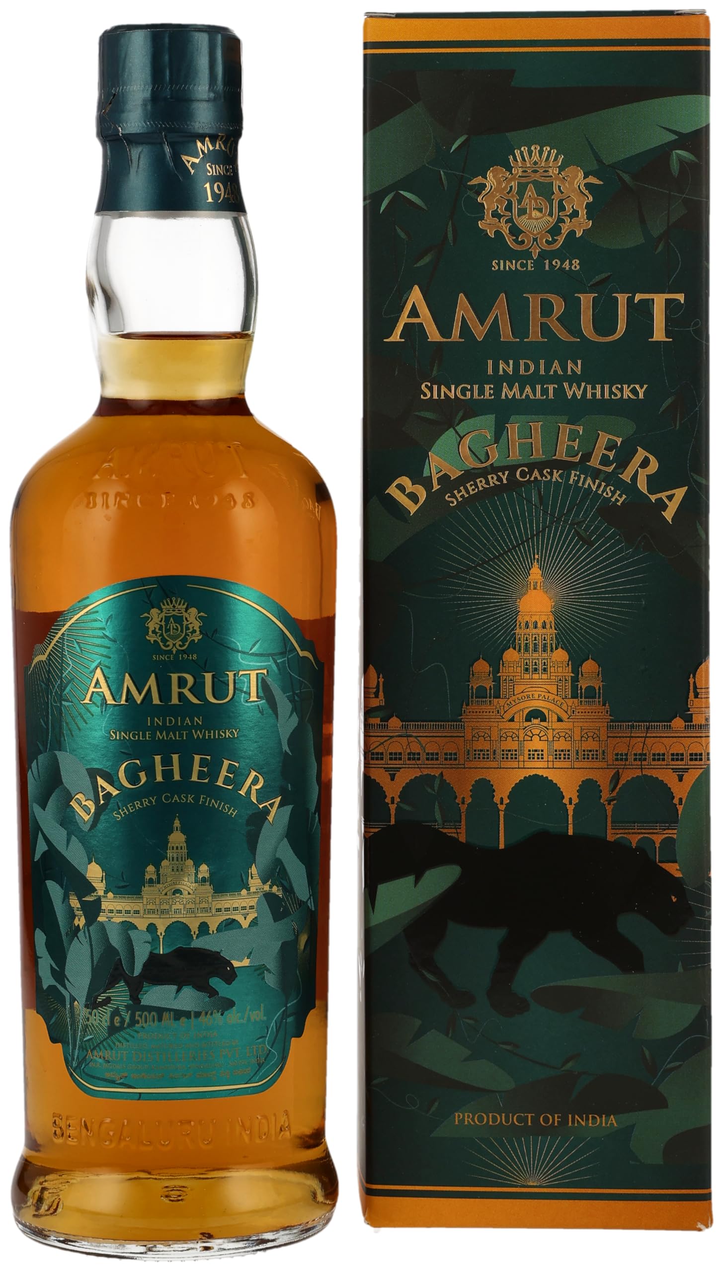 Amrut Bagheera | Indian Single Malt Whisky | 500 ml | 46% Vol. | Premium Whisky aus Indien | Fruchtige Noten | Vollmundig & komplex | In Geschenkbox