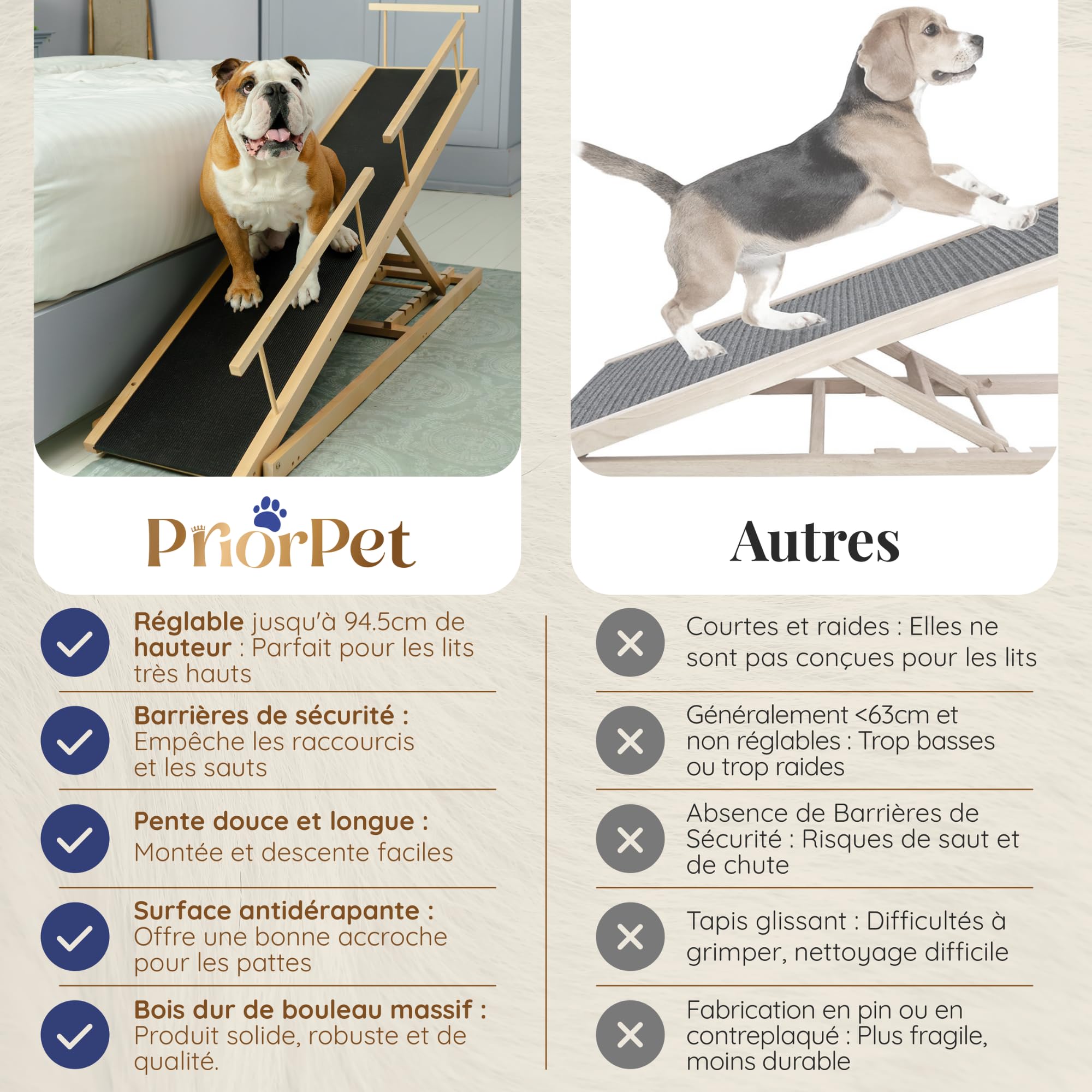Rampe pour Chien Lit avec Barrières de Sécurité - Escalier pour Chien PRIORPET - Bois de Bouleau - pour Lit Haut jusqu'à 94.5 cm - Pliable -Poignée antidérapante-pour Les Chiens jusqu'à 23kg- Naturel