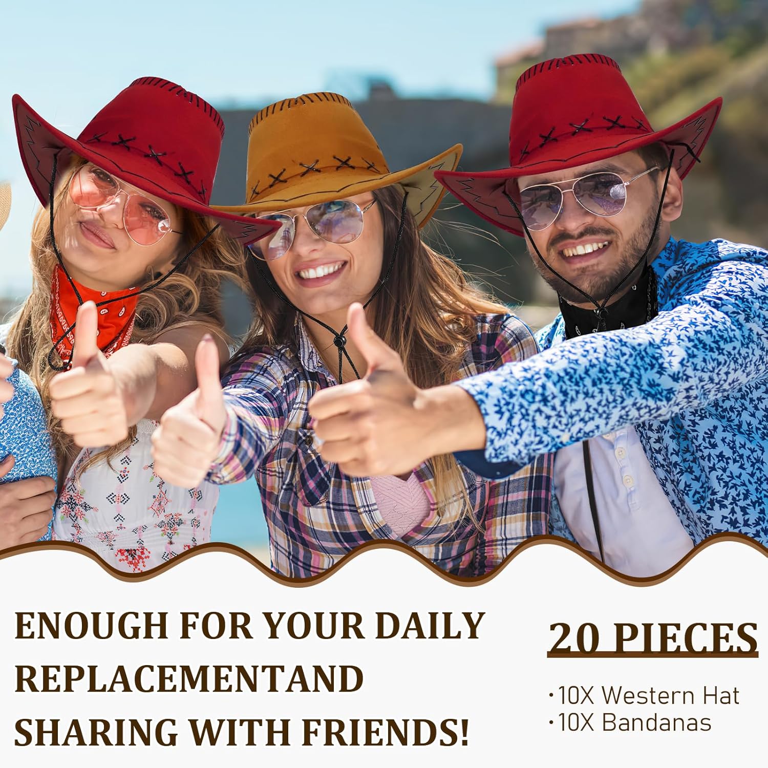 10 Pack Cowboy Hats with Bandanas Bulk - Multicolor Western Cowboy Hats for Women Men, Rodeo Theme Costume Accessories