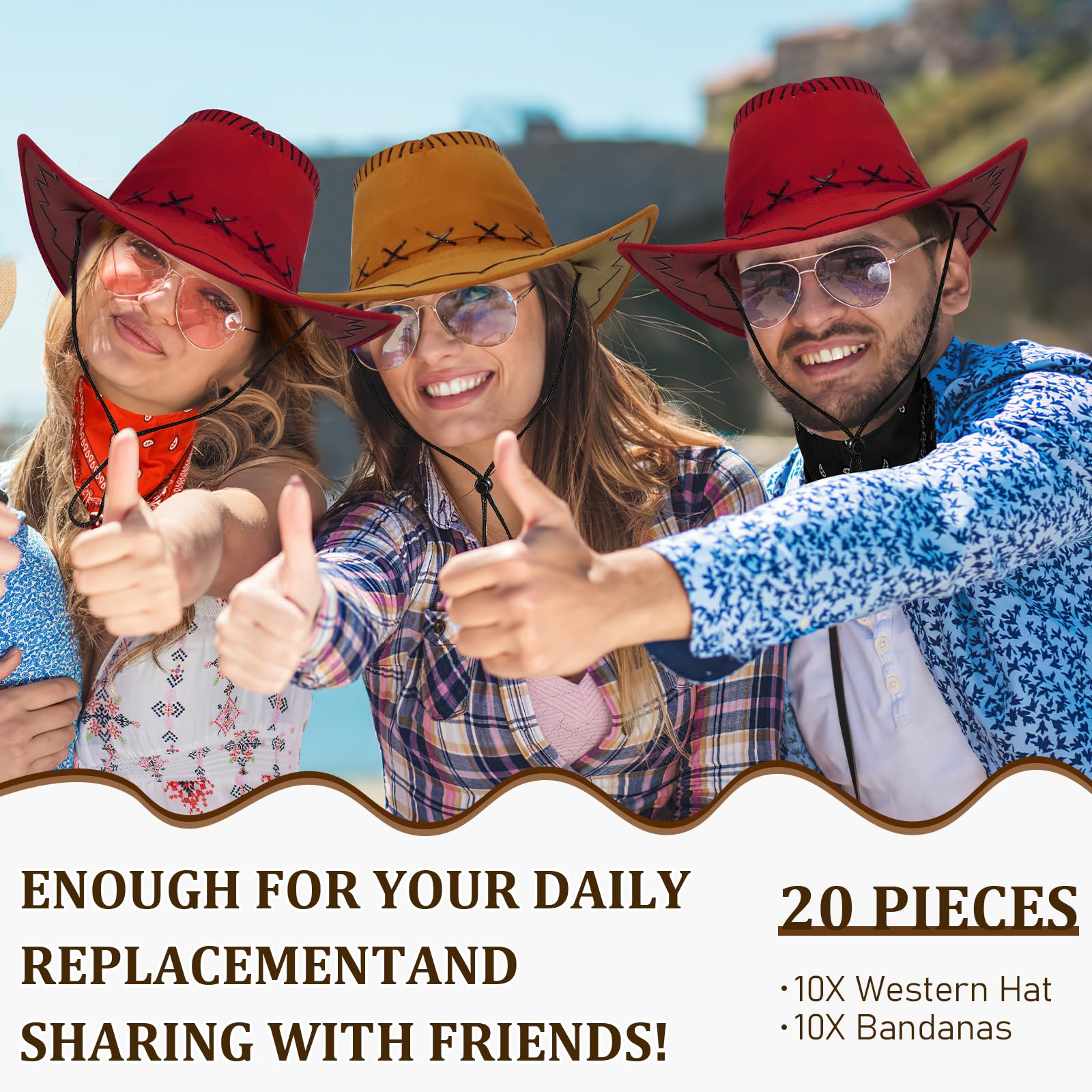 MALLOOM 10 Set Cappello da Cowboy e Bandana per Donne e Uomini, 10 Cappelli da Cowgirl Cowboy, 10 Bandane Western, Accessori per Costume Adulto per Festa a Tema