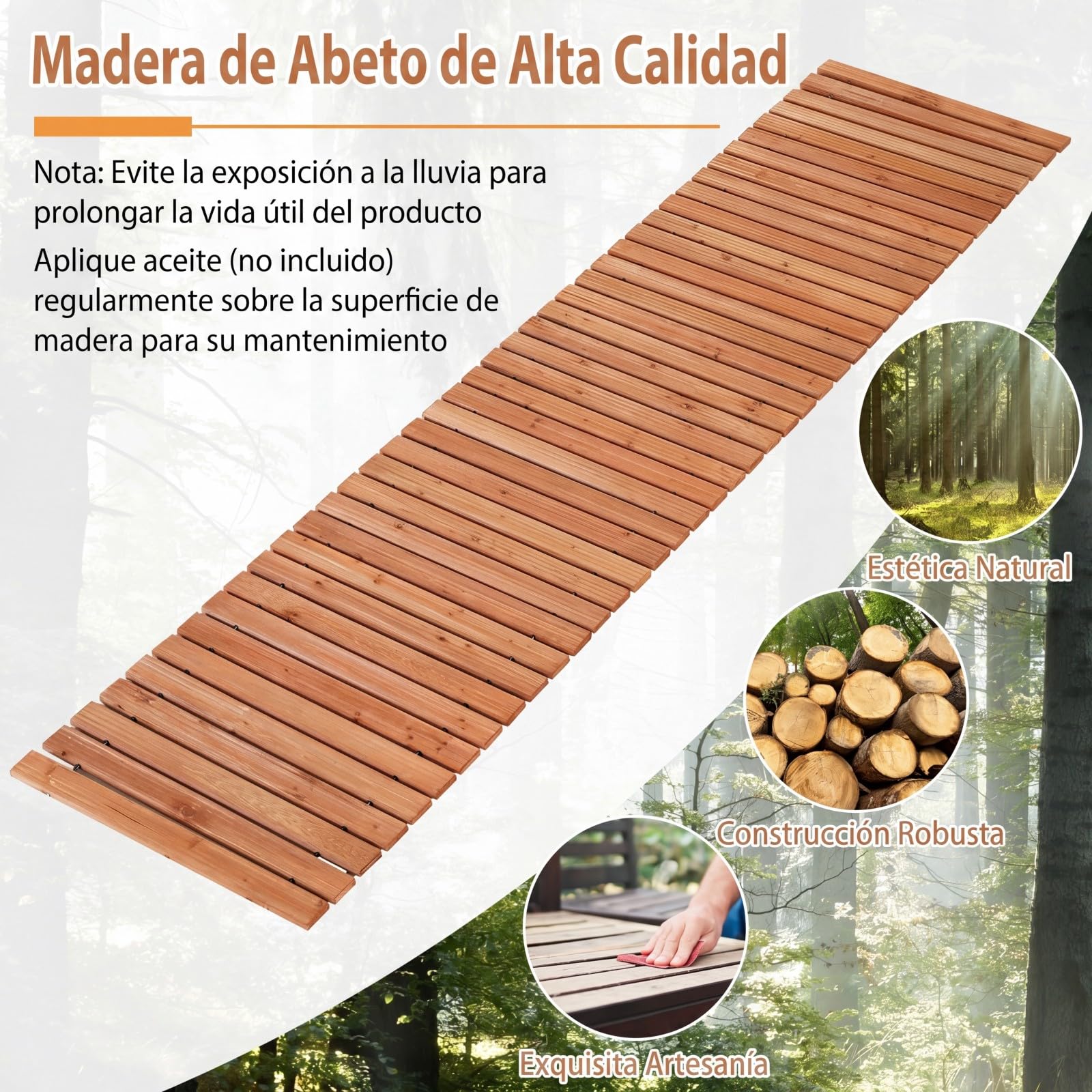 GYMAX Camino de Jardín de Madera de Abeto, Camino Recto Enrollable al Aire Libre, Pasarela de Madera con Superficie Antideslizante para Patio Trasero, Terraza, Playa (Natural 242 x 55 cm)