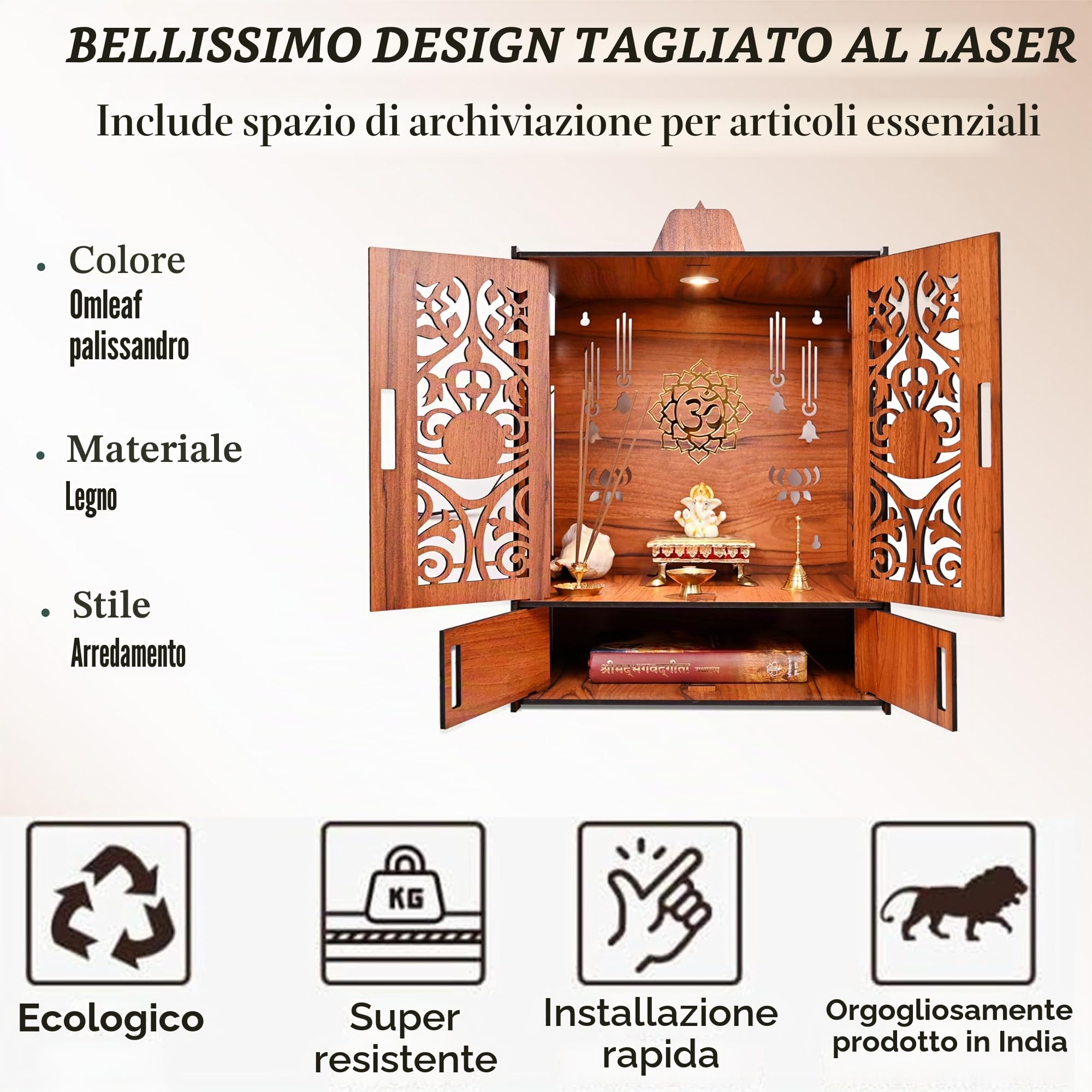 Rousrie Mandir a tempio in legno per la casa con ante | Bella unità Pooja con spazio di archiviazione | con luce LED e supporti a parete | Elegante Pooja Mandir per la casa di grandi dimensioni (H