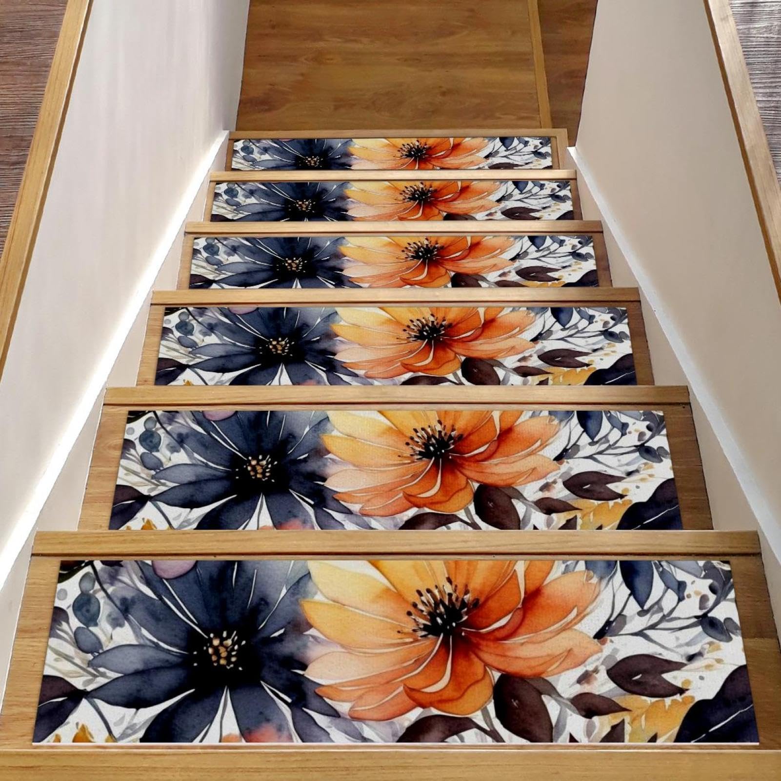 Alfombra para peldaños de madera CHENZZZZ lavable con estampado de hojas verdes pack de 15