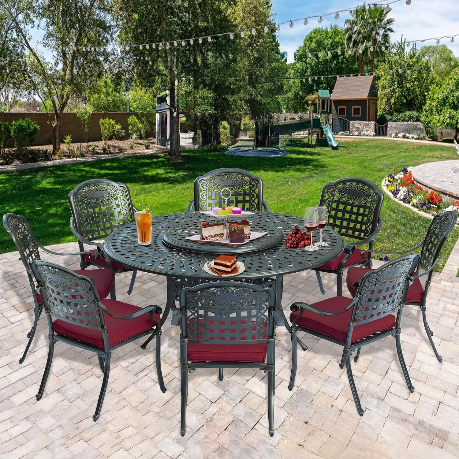 9-Piece Patio Cast Aluminum Dining Set, Outdoor Dining Furniture Set for 8 Person, Includes 8 Cushioned Chairs and 61" Large Round Dining Table with 31" Lazy Susan, Umbrella Hole, Red