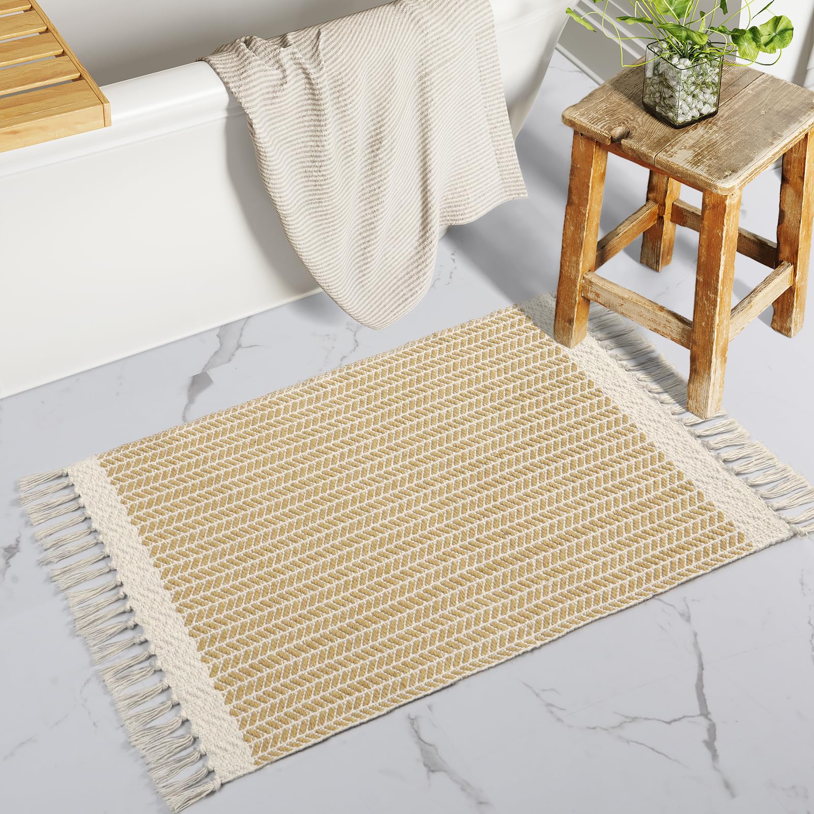 Lahome Boho Bathroom Rugs, Small 2x3 Front Door Mat Lightweight Kitchen Rug Woven Cotton Area Rug with Tassels, Farmhouse Non Shedding Washable Throw