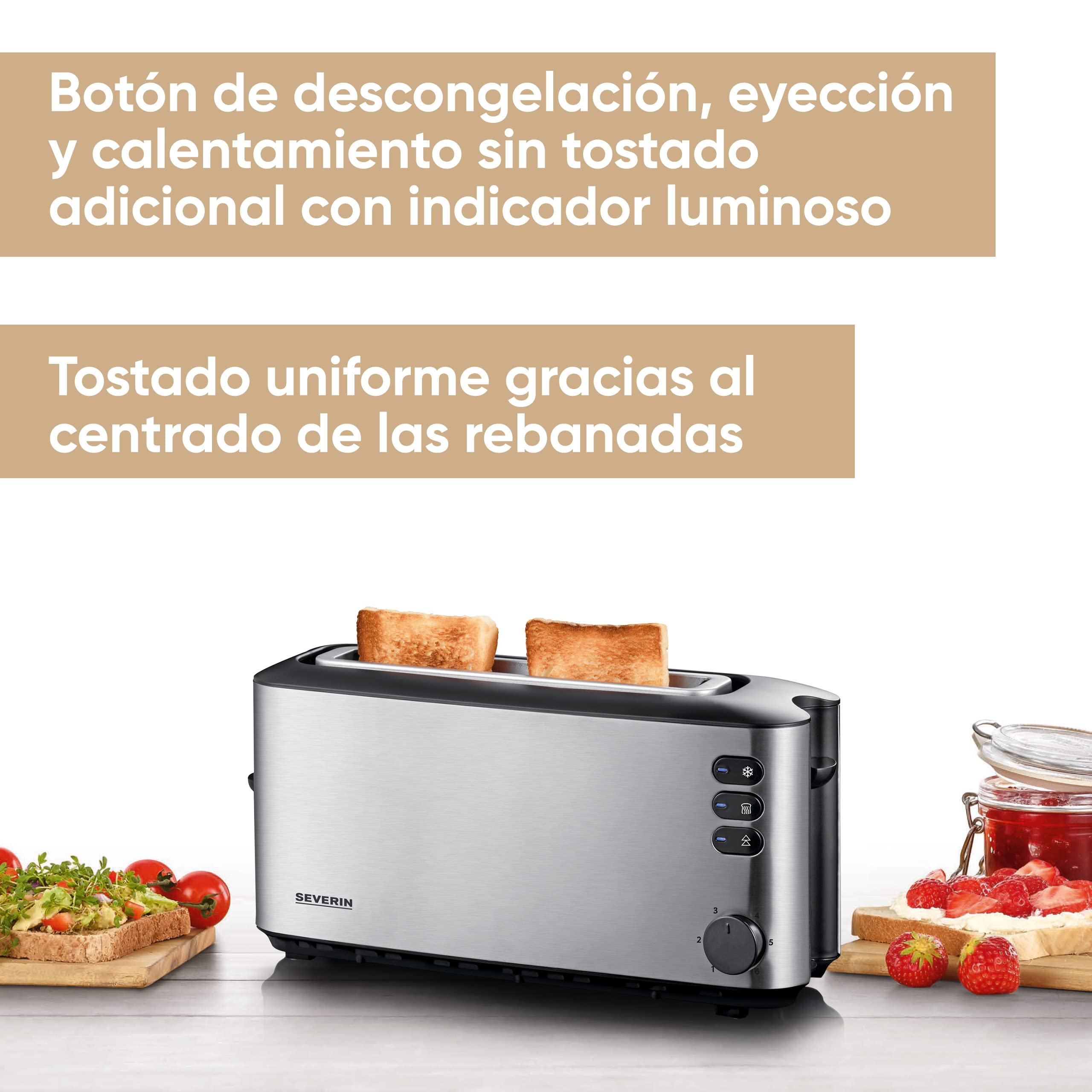 Severin Tostadora automática, tostador largo con soporte para panecillos, tostadora eléctrica para tostar, descongelar y calentar, 1000 W, acero inoxidable/negro, AT 2515
