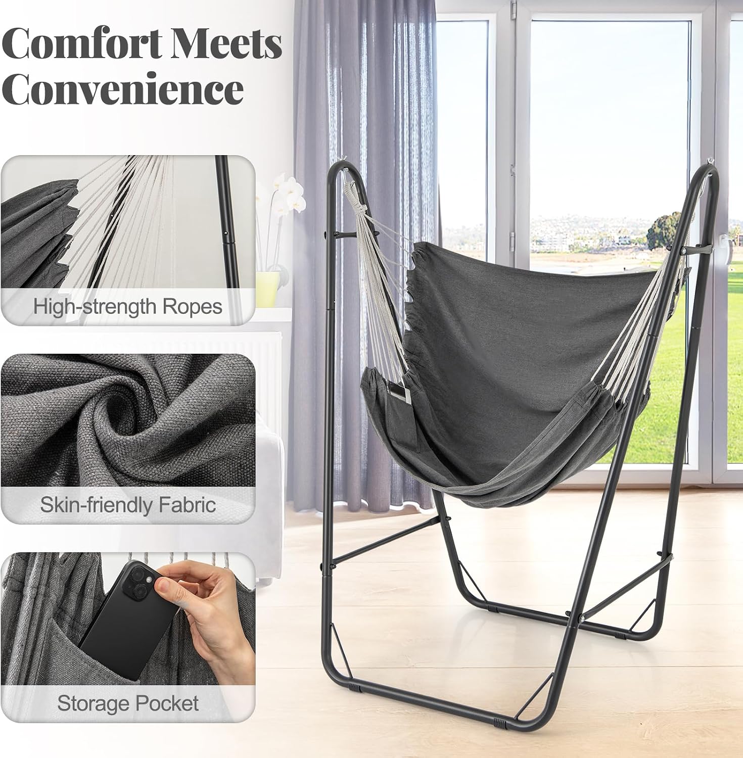 Giantex Hammock Chair with Stand - Swing Chair with Heavy Duty Metal Frame, Storage Side Pocket, Non-Slip Foot Pads, Reinforced Bar, Hanging Chair for Patio Yard Garden Porch Indoor Outdoor, Grey