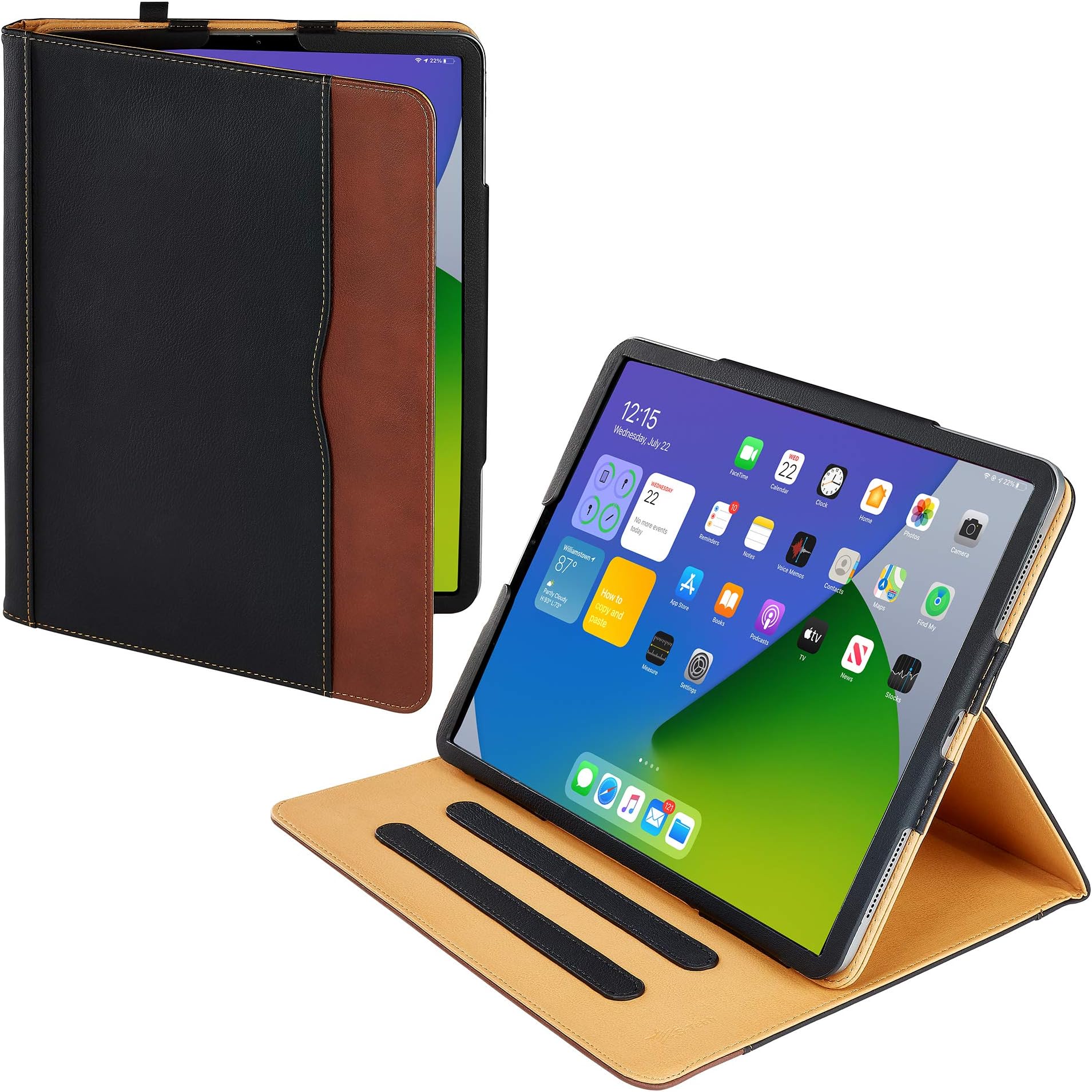 New S-Tech Apple iPad Pro 12.9 Black and Tan Soft Leather Wallet Magnetic Smart Cover with Sleep/Wake Feature Flip Folio Case (iPad Pro 12.9 Model # A1584 A1652)