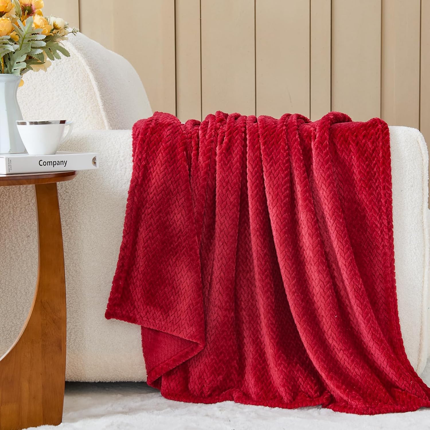 NEWCOSPLAY Super Soft Throw Blanket Red Premium Silky Flannel Fleece Leaves Pattern Lightweight Bed Blanket All Season Use (Red, Throw(50"x60")) - Image 3