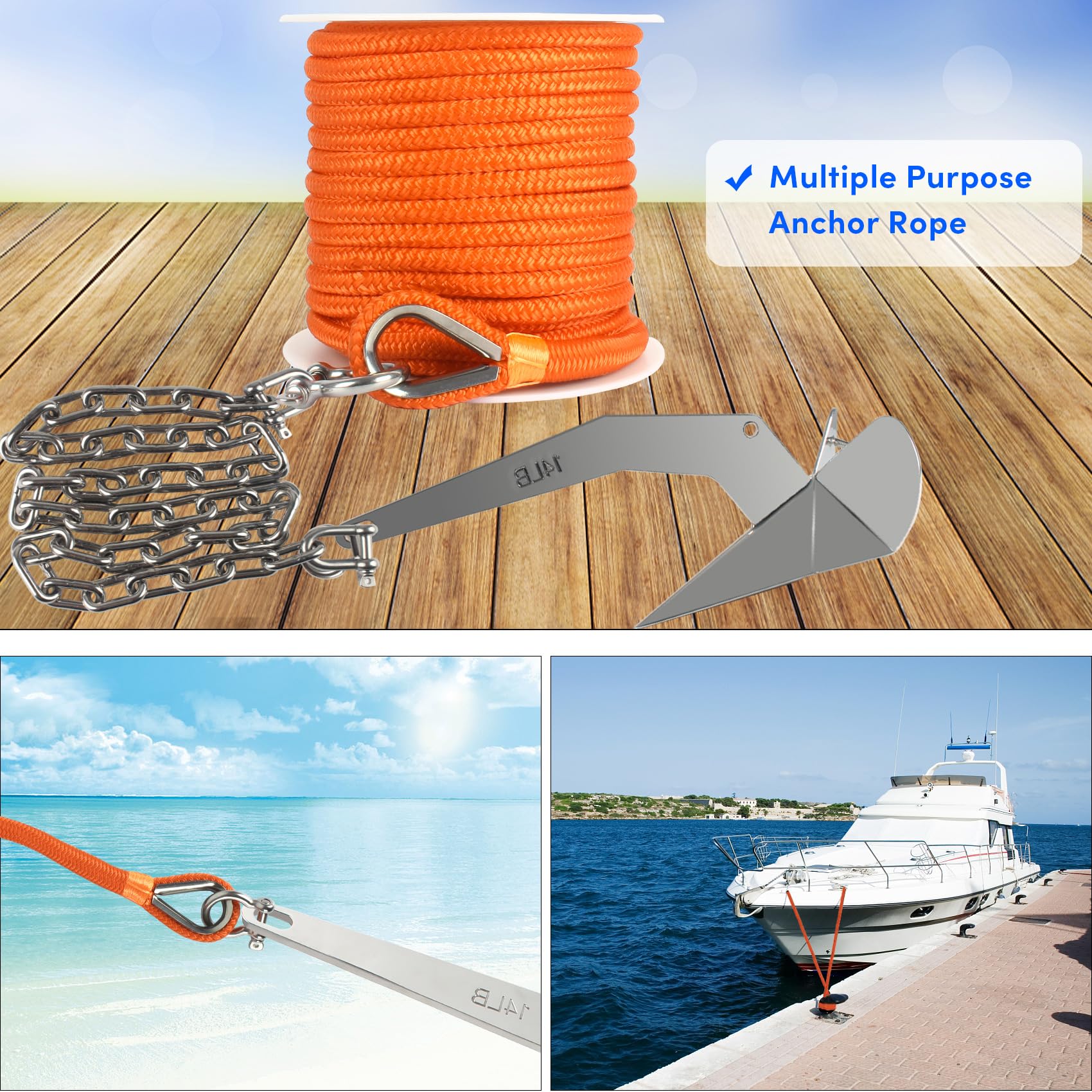 Bootsankerseil, 30,5 m x 1,27 cm, Orange, doppelt geflochtene Ankerleine mit Edelstahl-Fingerhut und Bügel, Marineseil, ideal zum Abschleppen, Festmachen, Decks, Verankern, für Boote bis zu 90