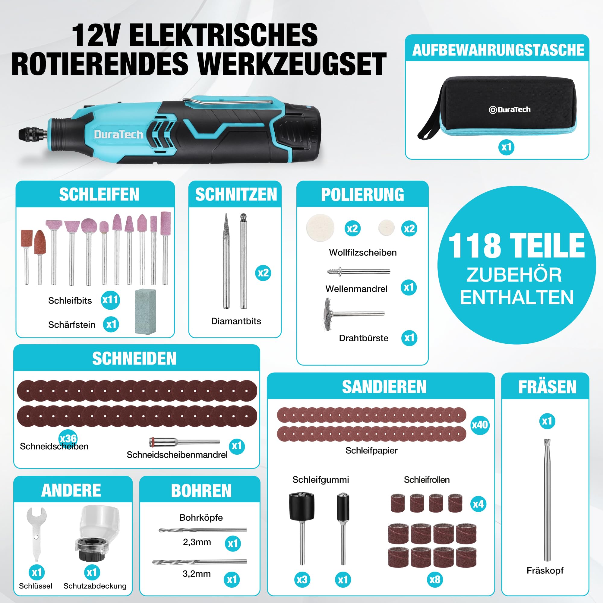 DURATECH 12V Kabellos Drehwerkzeug Set, Akku Multifunktionswerkzeug