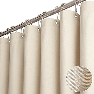 BTTN 182 x 244cm Extra Long Linen Shower Curtain, Weighted Waterproof Washable Wet Room Shower Curtains For Bathroom, Fabric Heavy Duty Mould Proof Resistant Shower Curtain with 12 Hooks, Cream/Beige