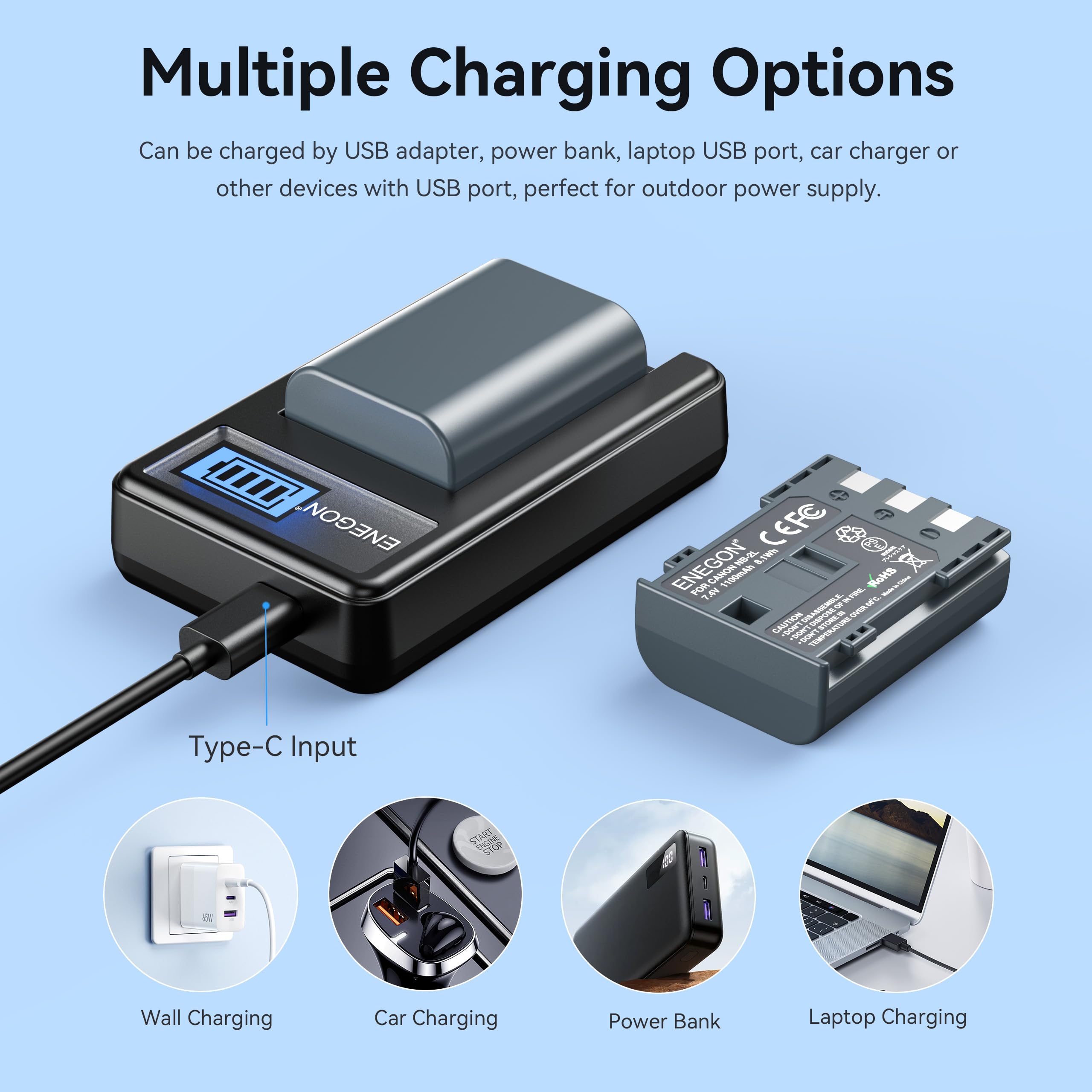 ENEGON Batería NB-2L NB-2LH, 2x1100mAh Baterías de Repuesto de con Cargador y Cable USB-C, para Canon EOS 350D, 400D, PowerShot G7, G9, S30, S40, S60, S45, S50, S55, S70, S80, ZR950, ZR960