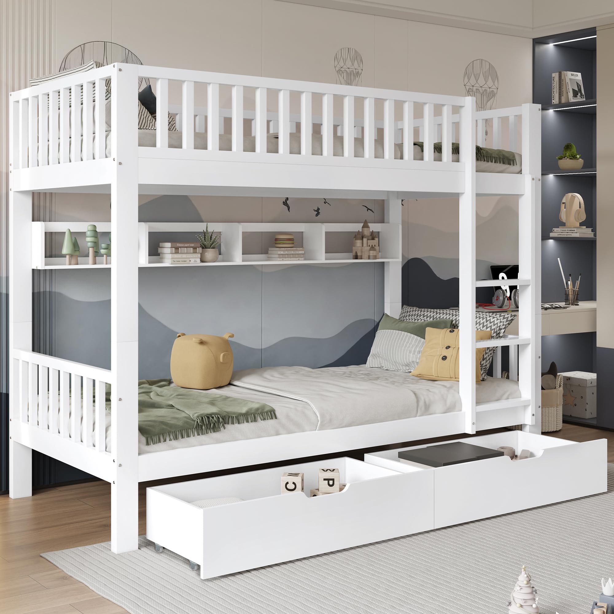 Oyemige Letto a Castello 90x200 cm, Letto per Bambini con 2 Cassetti, Letto Matrimoniale con Parapetto e Scala Ad Angolo Retto, Struttura In Pino, con Parapetto, Rete a Doghe, Bianco, Senza Materasso