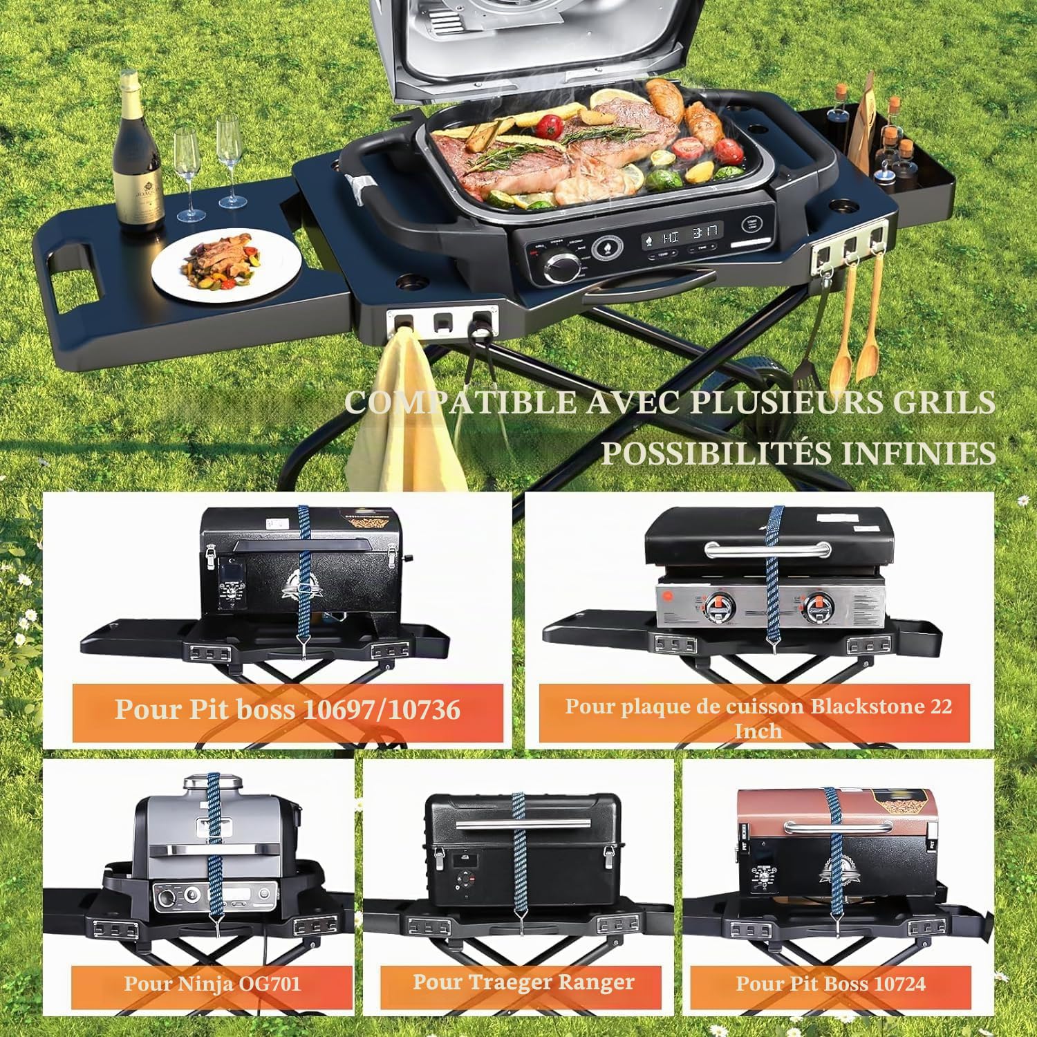 Chariot de barbecue portable pour Ninja Woodfire OG700, support pliable pour Ninja OG701, Pit Boss 10697/10724, 57 cm, Blackstone, Traeger Ranger, avec plateau de table