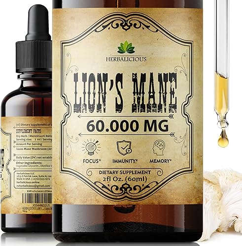 Suplemento líquido de hongo de melena de león  Suplemento cerebral de extracto de hongo premium para enfoque de memoria, claridad y apoyo nervioso