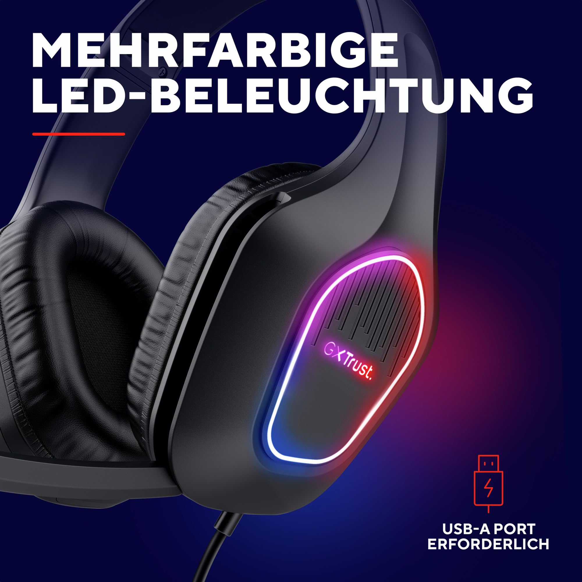 GXTrust Rayne Leichtes Gaming Headset mit USB-betriebene LED Beleuchtung | Over-Ear, für PC Computer Laptop Konsole, 50-mm-Treiber, 3,5 mm Audioanschluss, Kopfhörer mit Kabel, Schwarz