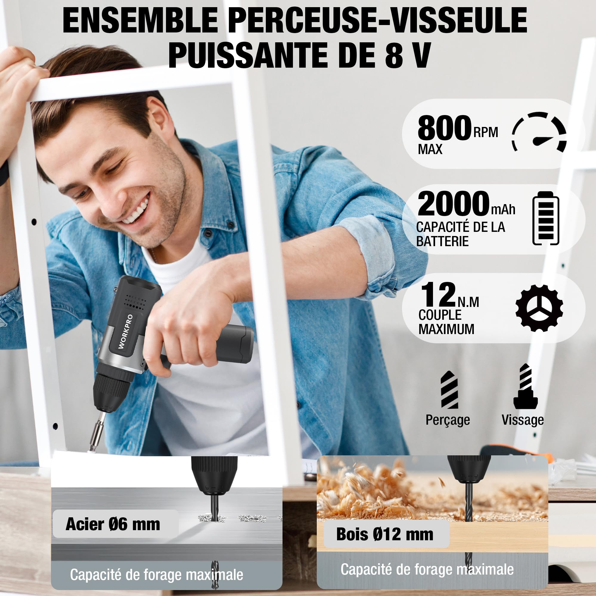 WORKPRO Kit de Perceuses Visseuse Sans Fil 8V Noir, Visseuse Devisseuse Sans Fil 2000mAh, Couple 12Nm, Mandrin de Perçage 10mm, LED Lumière, Kit d'Accessoires Complet, pour Réparation Maison DIY