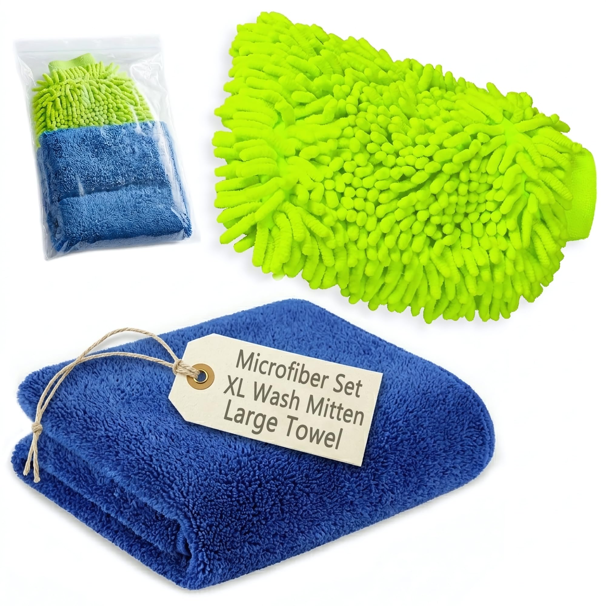 Mikrofaser-Autowaschhandschuh und großes Handtuch-Set, maschinenwaschbar, hochsaugfähiger Auto-Detaillierungsreiniger zum Trocknen, Waschen und Wachspolieren (1 grüner Handschuh, 1 blaues Handtuch)