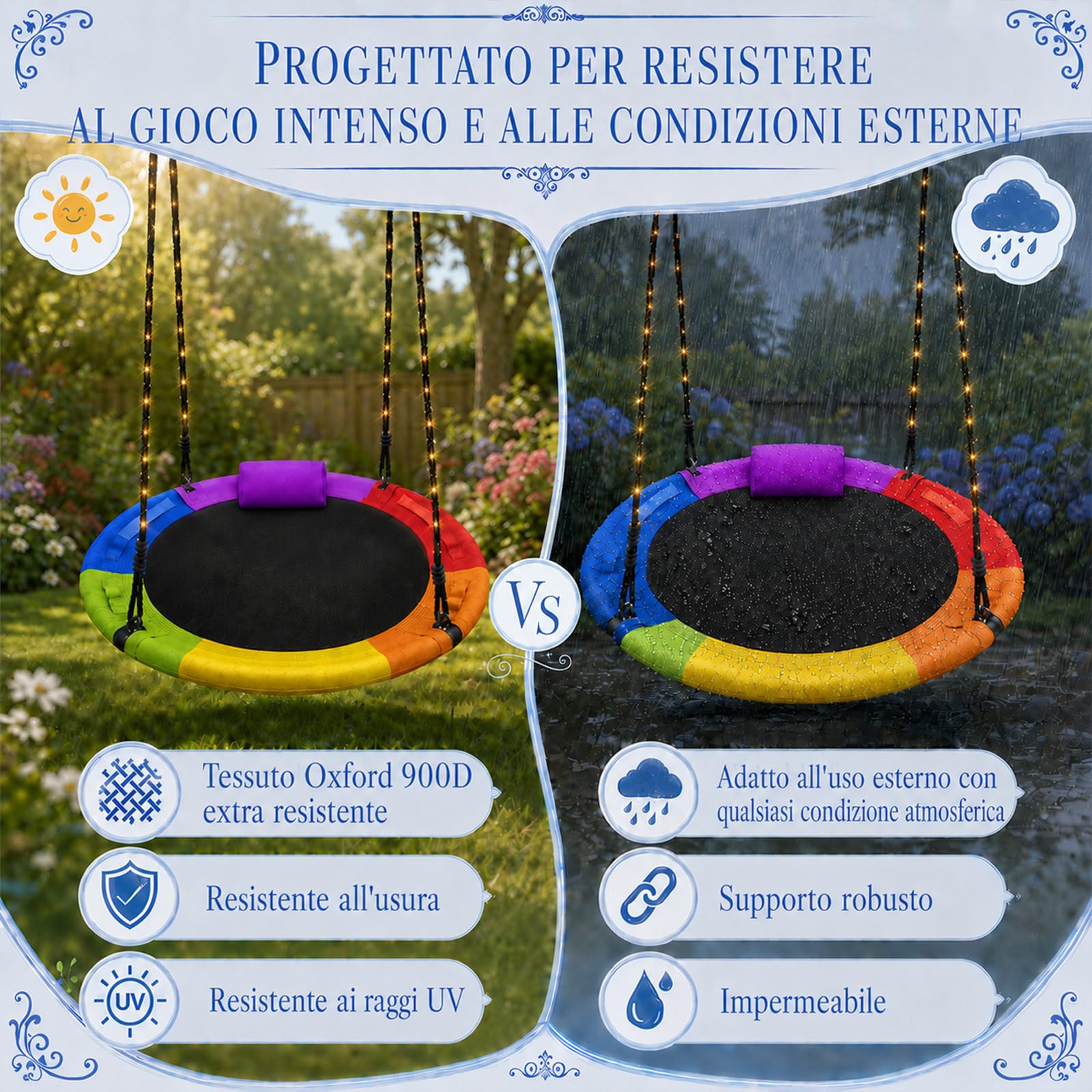 Altalena a Nido Esterno 100 cm, Portata Fino a 300 kg (Rosso) | Ghirlanda Luminosa, Cuscino, Ruotabile a 360° e Kit di Montaggio per Bambini e Adulti