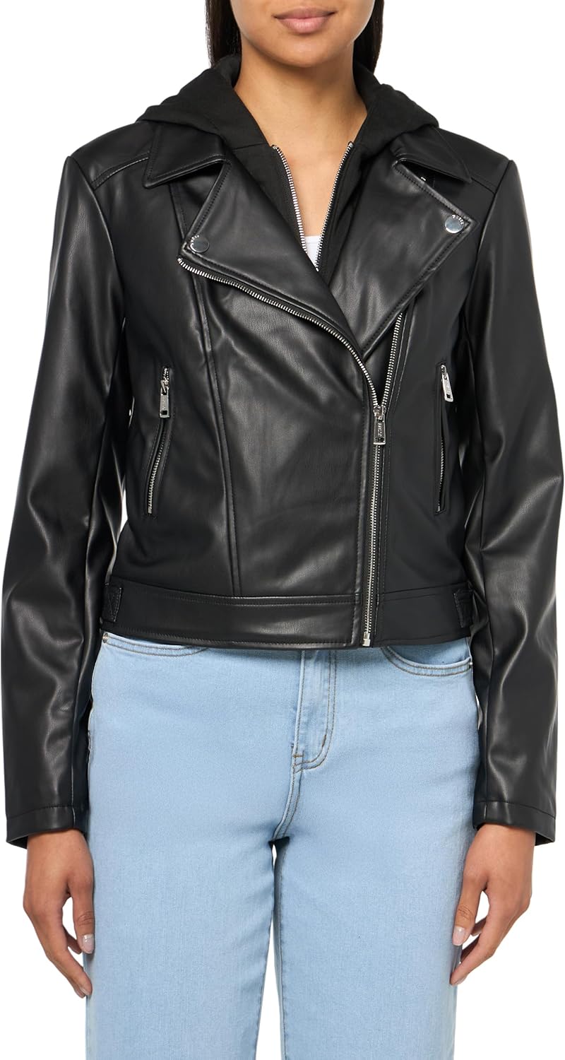 GUESS Women’s Dexa Logo Hoodie Faux Leather Jacket