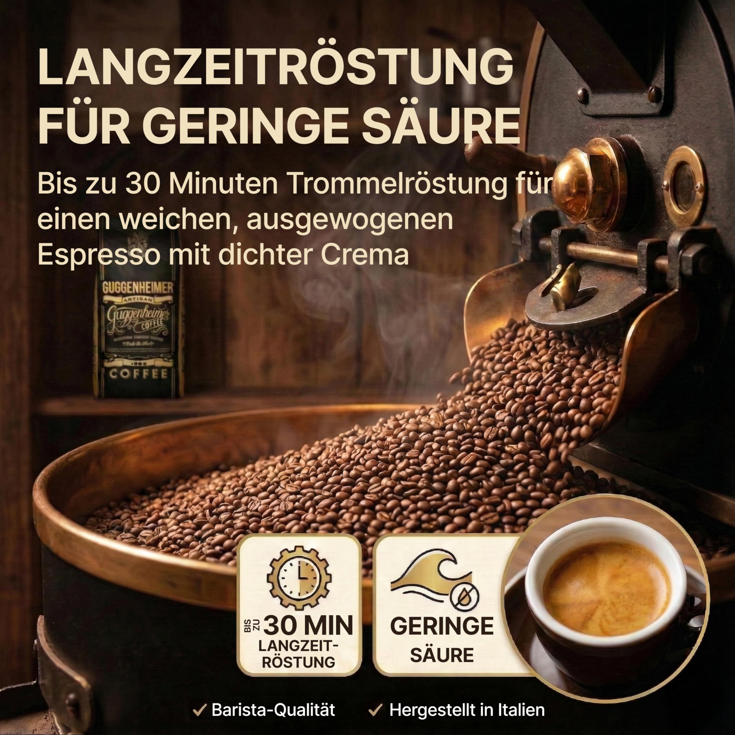 GUGGENHEIMER COFFEE - Kaffeebohnen 2kg - Extra langsam geröstet - wenig Säure und Bitterstoffe - Barista-Qualität - Feinste Crema - Bester Espresso für Vollautomaten - 4 x 500 g | Vollmundiger Kaffee, aromatisch, nicht bitter, wenig Säure, schöne Crema –