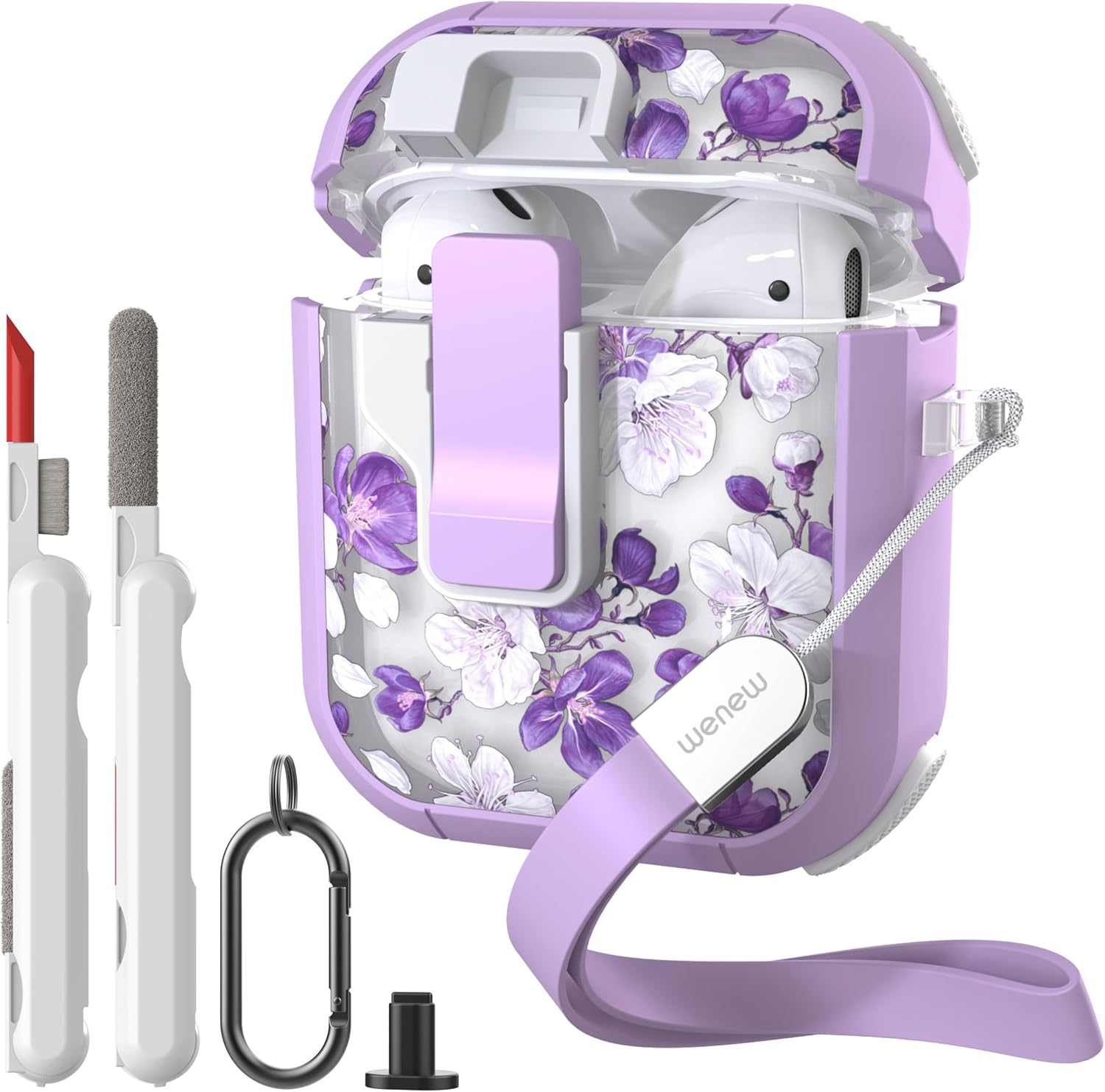 WENEW Case for AirPods 1 & 2 Case Cover Secure Lock Automatic Snap Switch Clip Cleaner Kit Lanyard Women Stylish Flower Hard Shell Full Body (Purple, AirPods 1st & 2nd)