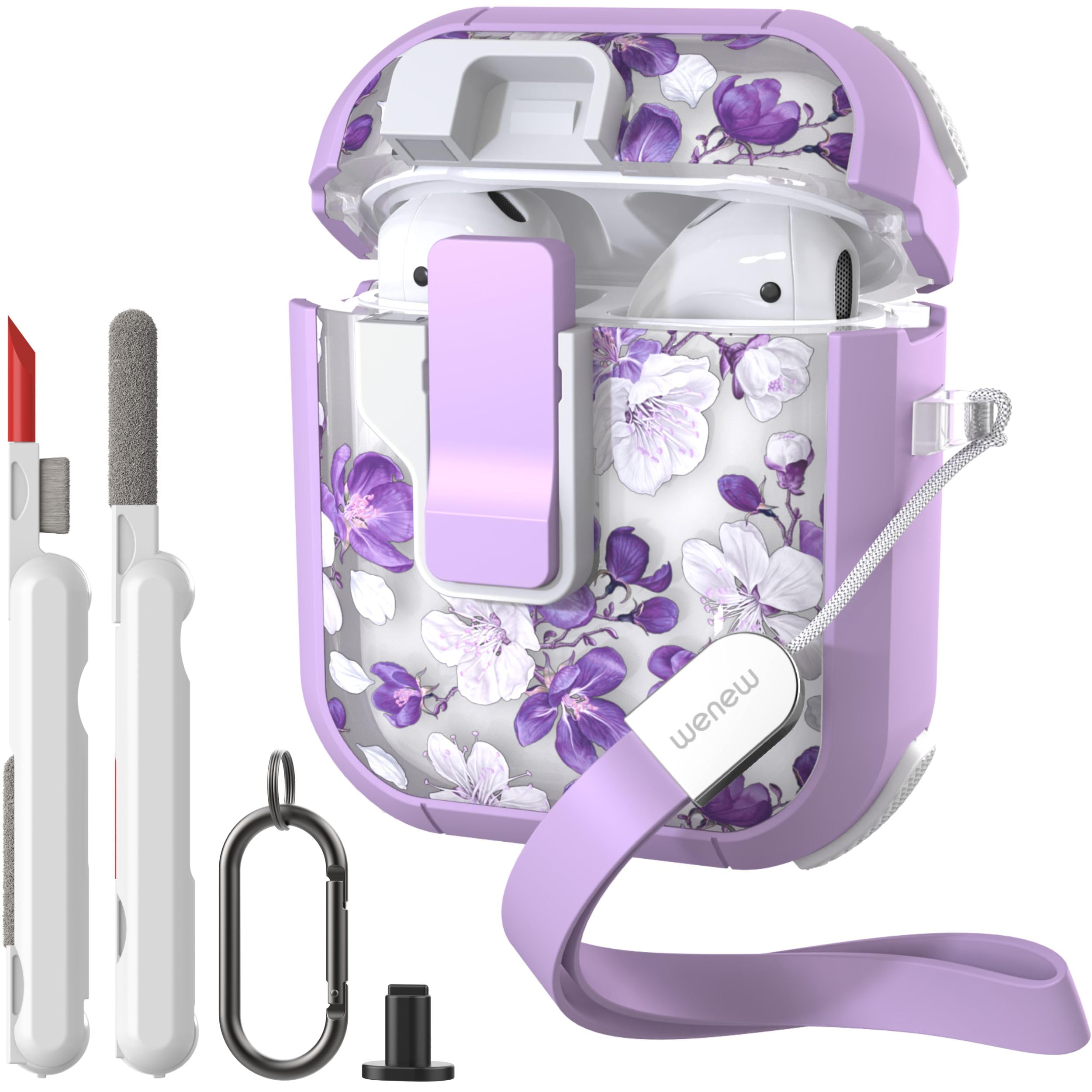 WENEW Case for AirPods 1 &amp; 2 Case Cover Secure Lock Automatic Snap Switch Clip Cleaner Kit Lanyard Women Stylish Flower Hard Shell Full Body (Purple, AirPods 1st &amp; 2nd)