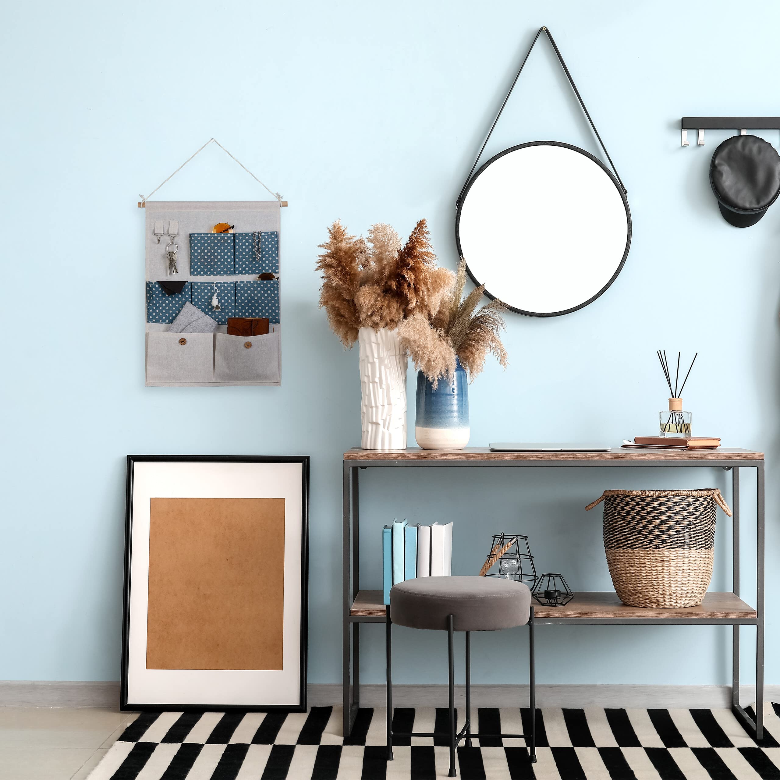 Relaxdays Organizer da Parete, 7 Tasche in Stoffa Portaoggetti, 2 Ganci Portachiavi, Ingresso, HxL: 60x39 cm, Crema Blu