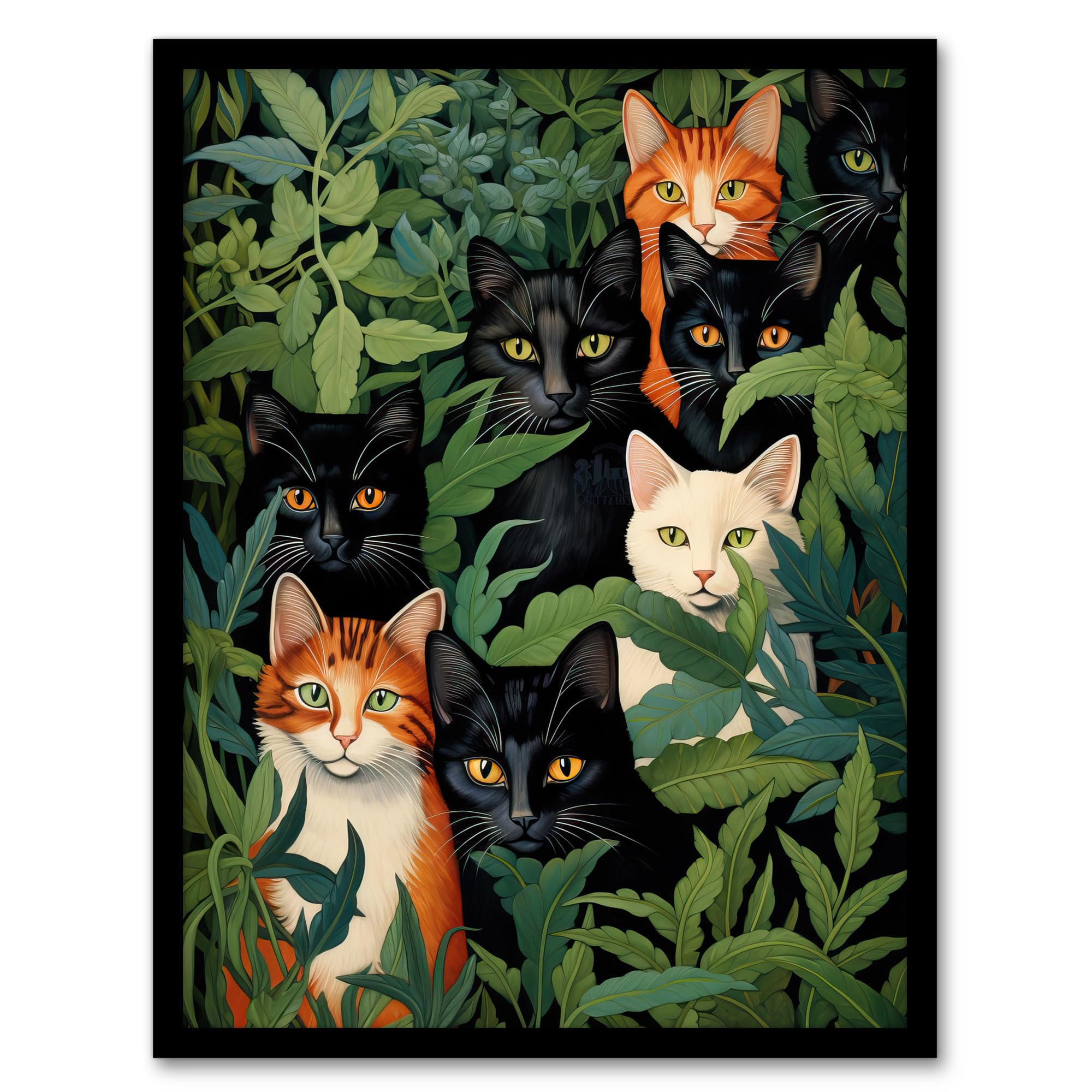 Artery8 5 Black Cats By Julia Davidson Quirky Black Ginger White Cat Group In Green Botanicals Artwork Framed Wall Art Print A4