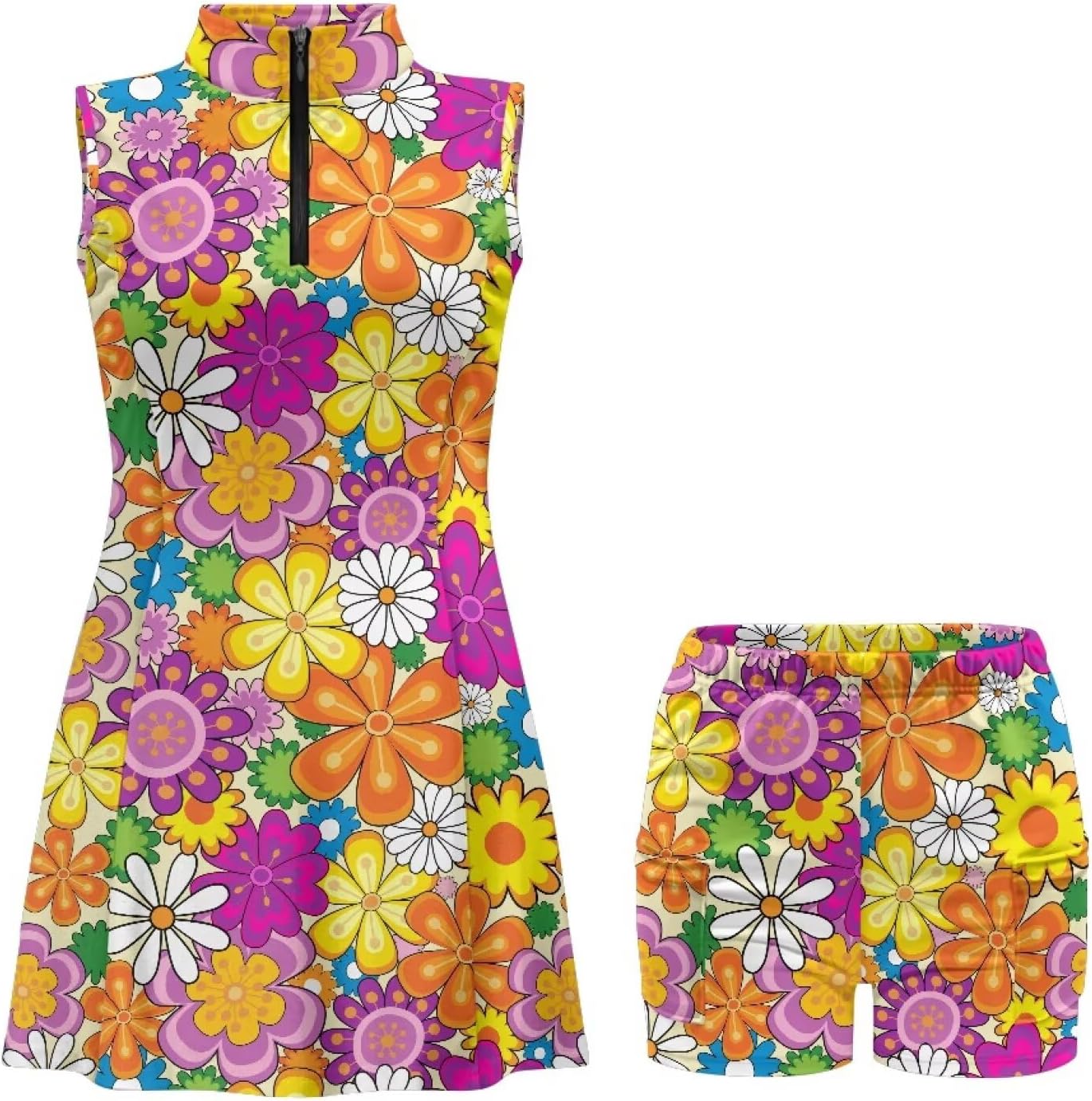 Womens Zipper Collared Tennis Dress Sleeveless Built in Shorts Golf Athletic Workout Exercise Dress with Pockets