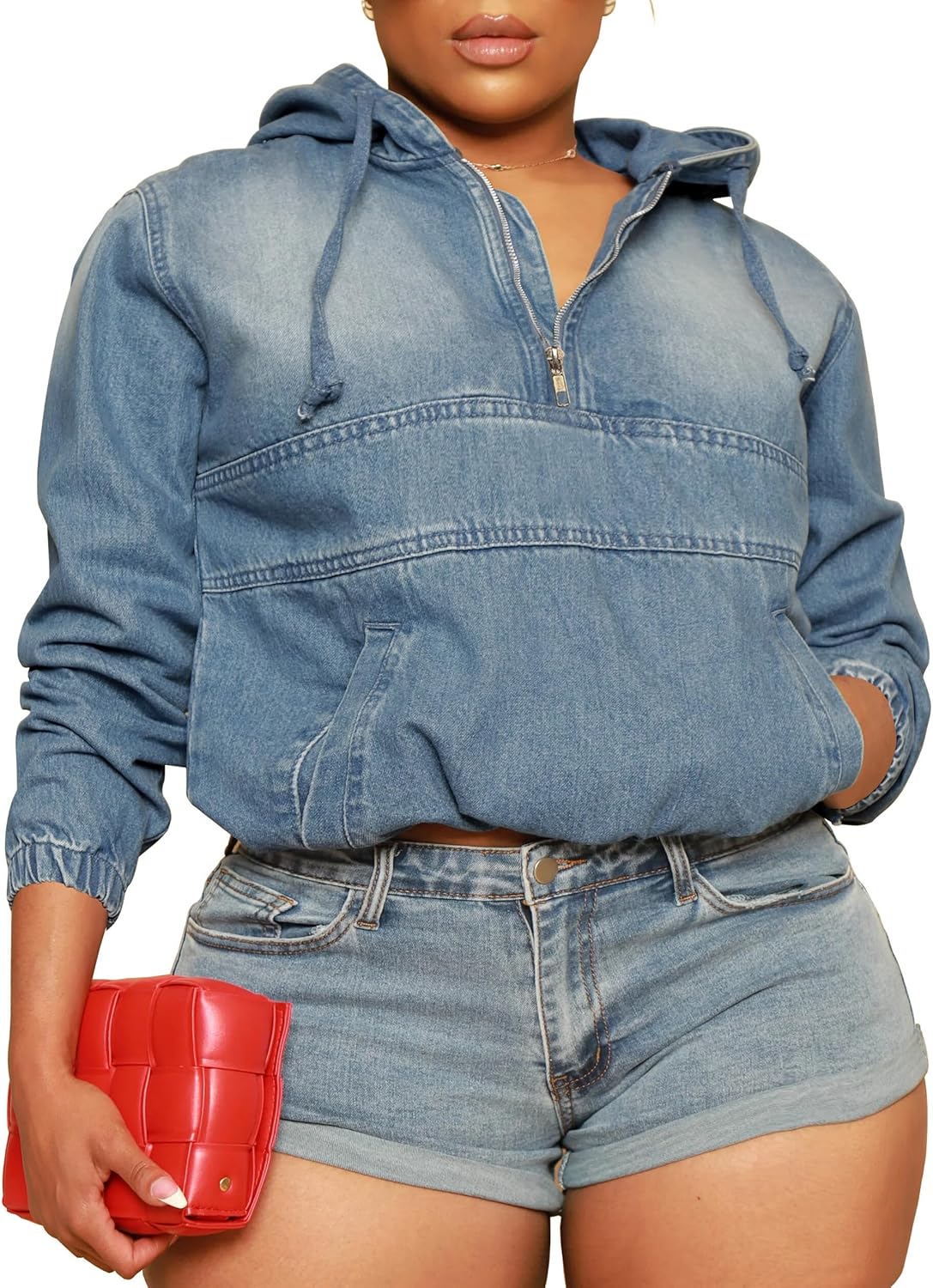 Women's Plus Size Half Zip Denim Hoodie Sweatshirt Pullover Jacket Jean Tops with Pockets