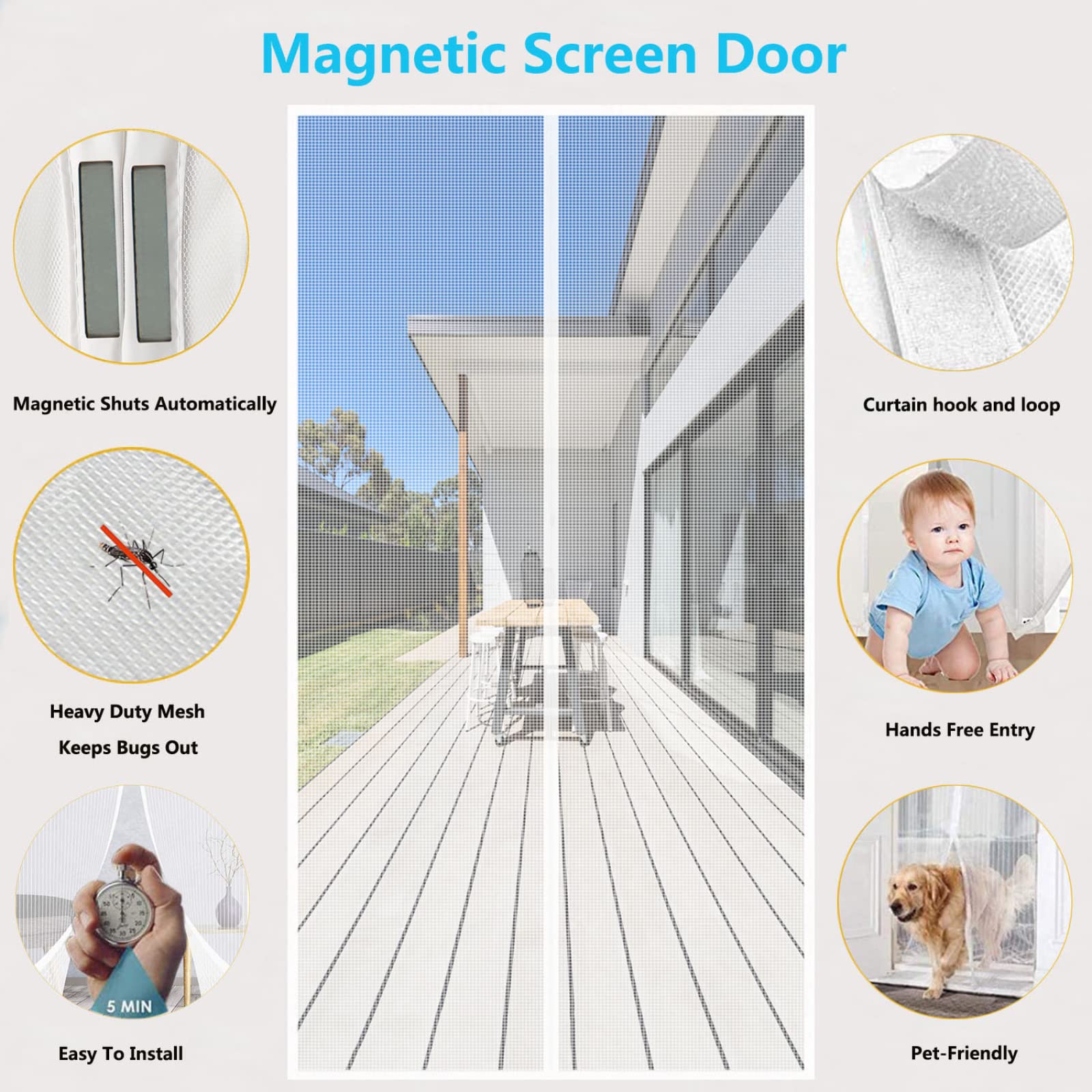 Magnetische hordeur 120x200cm Tegen insecten,automatisch sluitend Magnetische hordeur Handen vrij laten, eenvoudige montage zonder boren voor balkondeuren, muggennet, Wit A