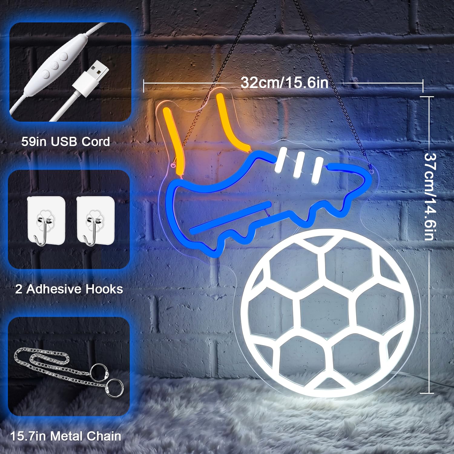 Insegna al neon di calcio,Insegne al neon sportive USB per parete,Lampada da parete al neon a LED per giocare a calcio per camera da letto dei ragazzi Palestra Club Sala giochi Man Cave