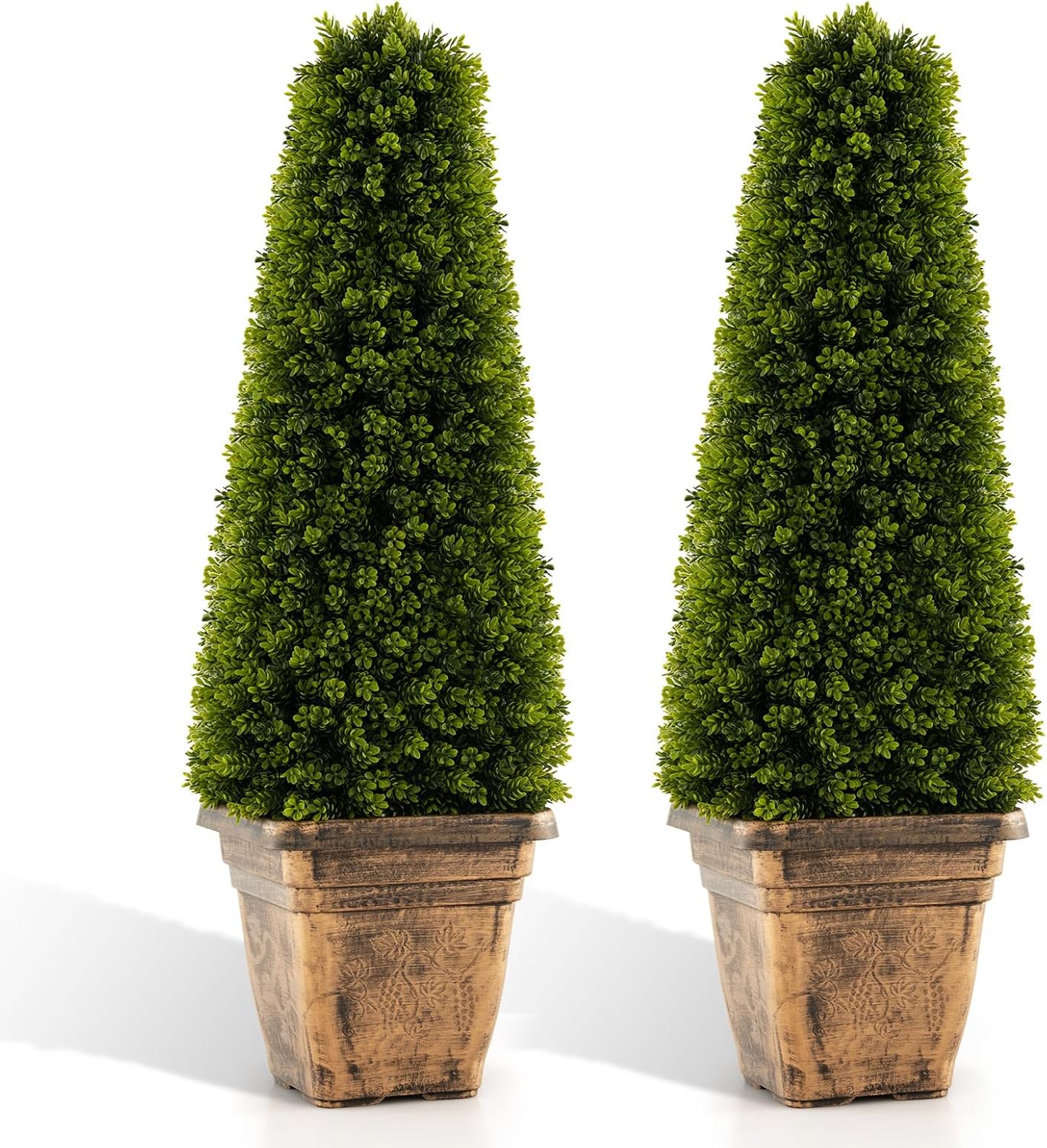 GOFLAME 2 Pack 3FT Artificial Boxwood Topiary Tree, Faux Boxwood Tree with Cement-Filled Pot, Fake Potted Bushes and Shrubs for Indoor & Outdoor Porch Garden Patio, No Maintenance Needed
