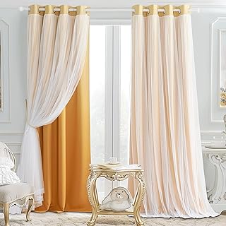 PONY DANCE Blackout Curtains for Bedroom - Orange Ombre Blackout Curtains with Sheer White Gauze,Elegant Layered Drapes Mix and Match for Living Room, 52x84 inch, Yellow, Set of 2