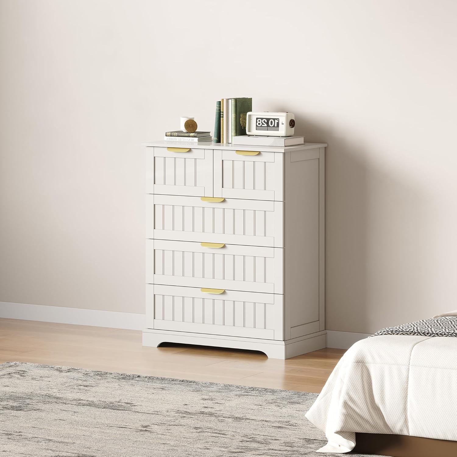 elurevia 5 wooden drawer dresser for bedroom storage, modern farmhouse wood chest of drawers with metal handles, wide storage cabinet for closet, living room, or entryway white white 15.7"d x 29.5"w x 36.6"h (5 drawers)