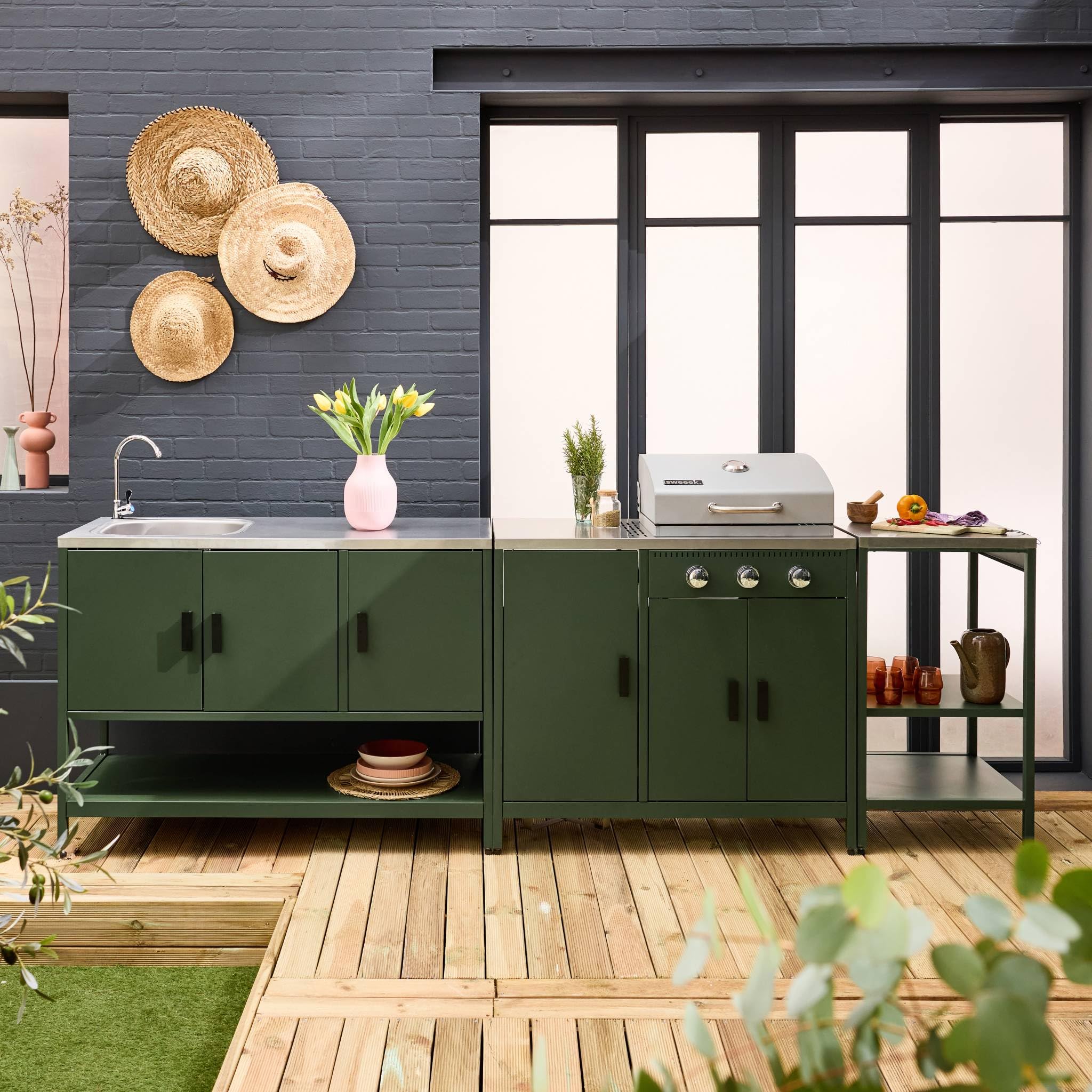 Cucina da esterno 3 moduli con barbecue a gas 3 bruciatori su piedi, termometro Verde - 100x51x87.5 cm