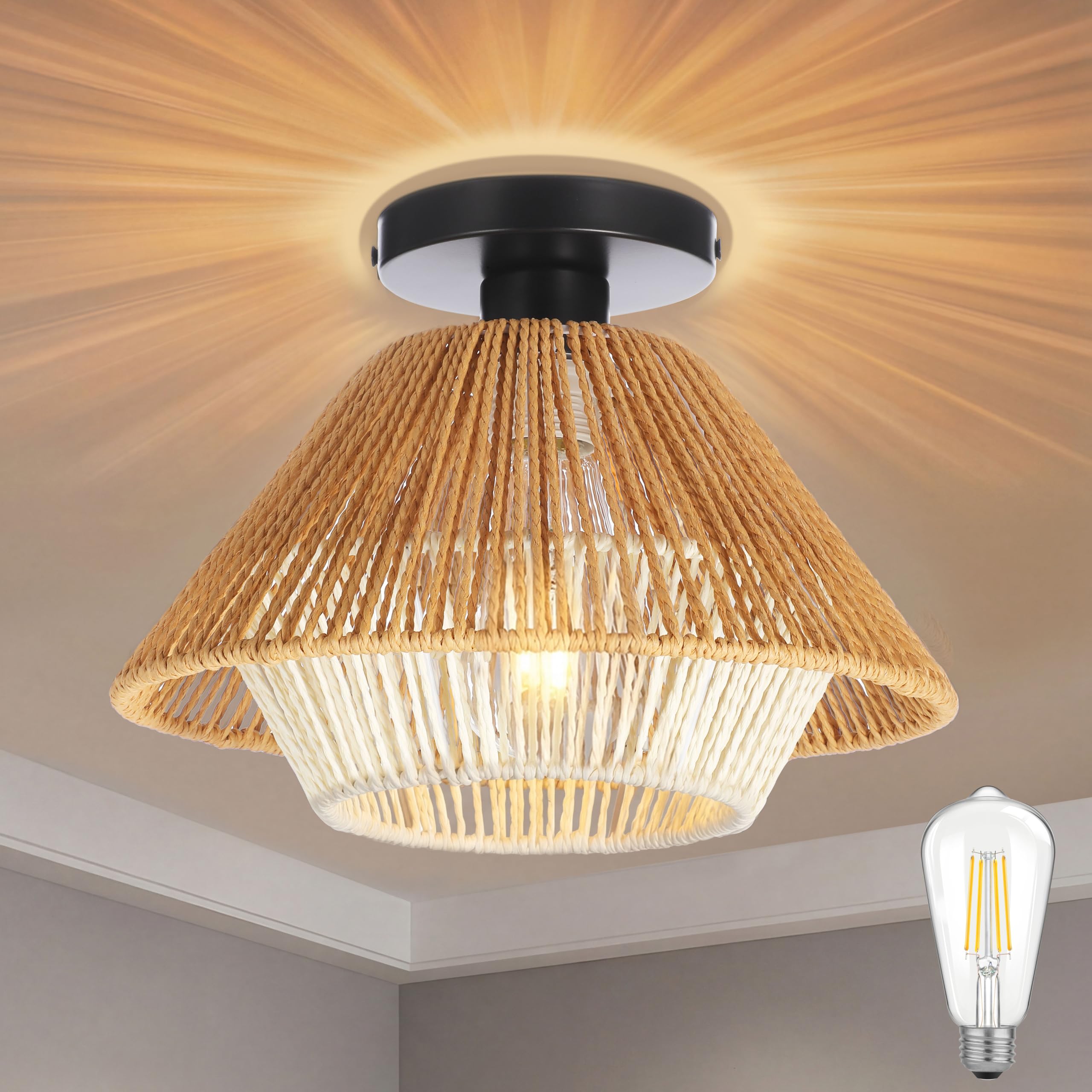 Photo 1 of 11.8" Boho Rattan Ceiling Light Fixture, Rattan Flush Mount Ceiling Light, Wicker Light, Hand Woven Bohemian Ceiling Light Fixture for Bedroom Living Room Kitchen Hallway Nursery, Bulb Included