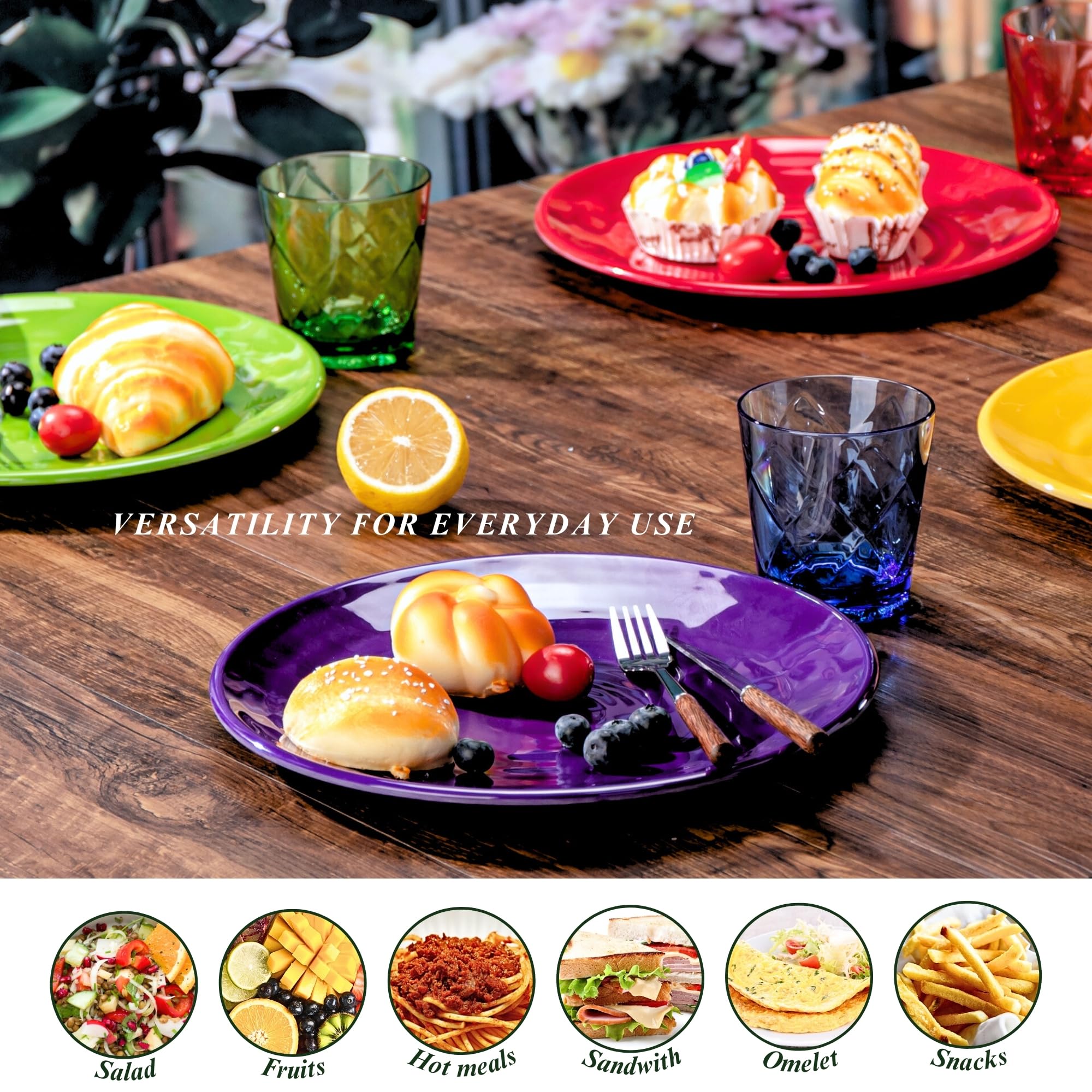 Platos de melamina de 11 pulgadas (juego de 6) – Vajilla de plástico irrompible y reutilizable con sensación de cerámica, apilables y aptos para lavavajillas – Versátil para todas las comidas