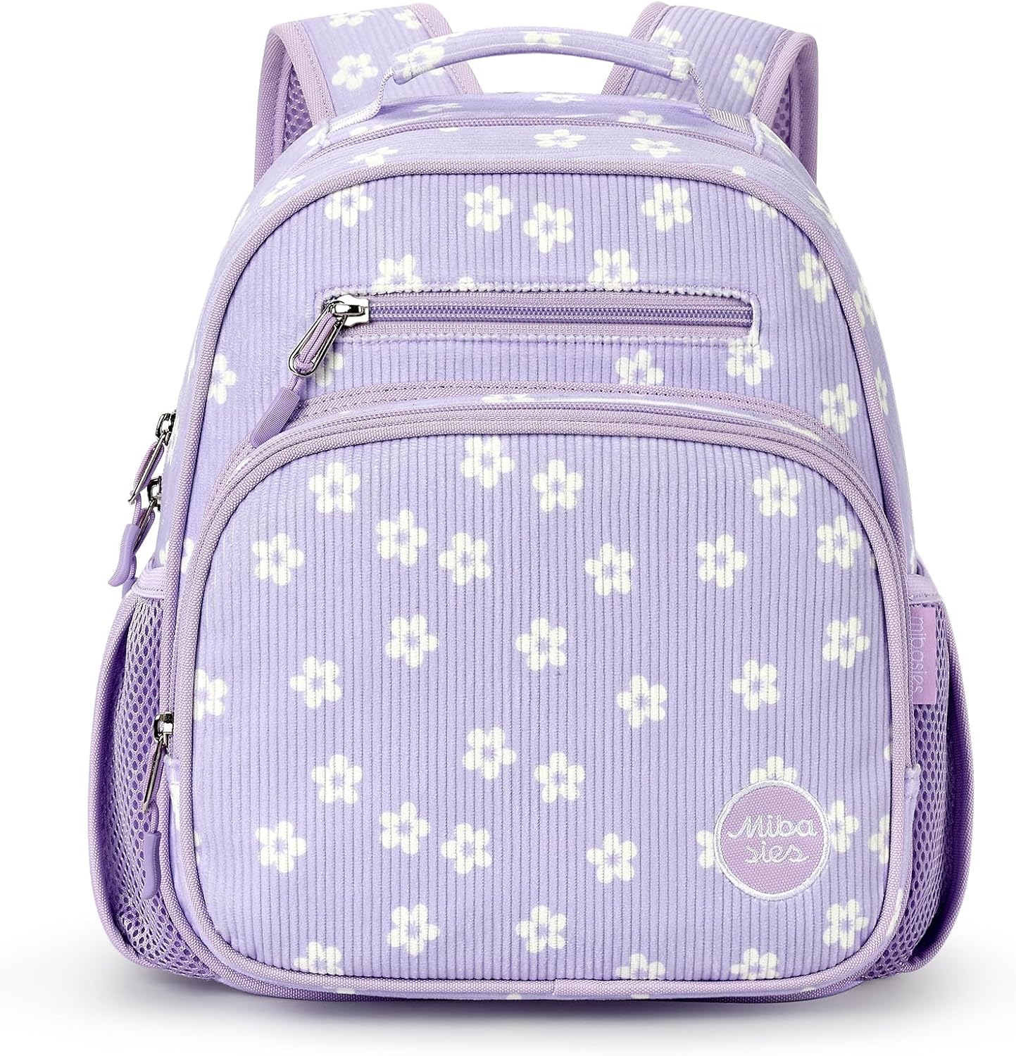 mibasies Corduroy Toddler Backpack for Girls 2-4: Little Kids Backpacks for Preschool Prek Daycare - Cute 12 Inch Bookbag - Purple Flower